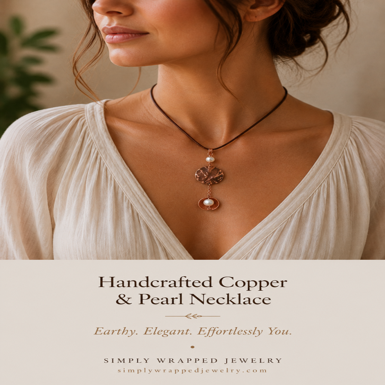 Handcrafted Copper & Freshwater Pearl Pendant Necklace | Hammered Copper Disc | Brown Silk Cord