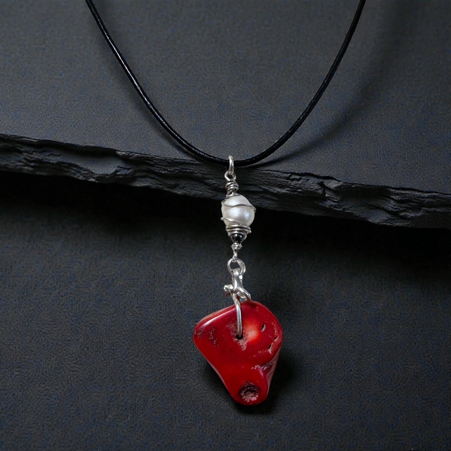 Red Coral & Pearl Wire-Wrapped Pendant