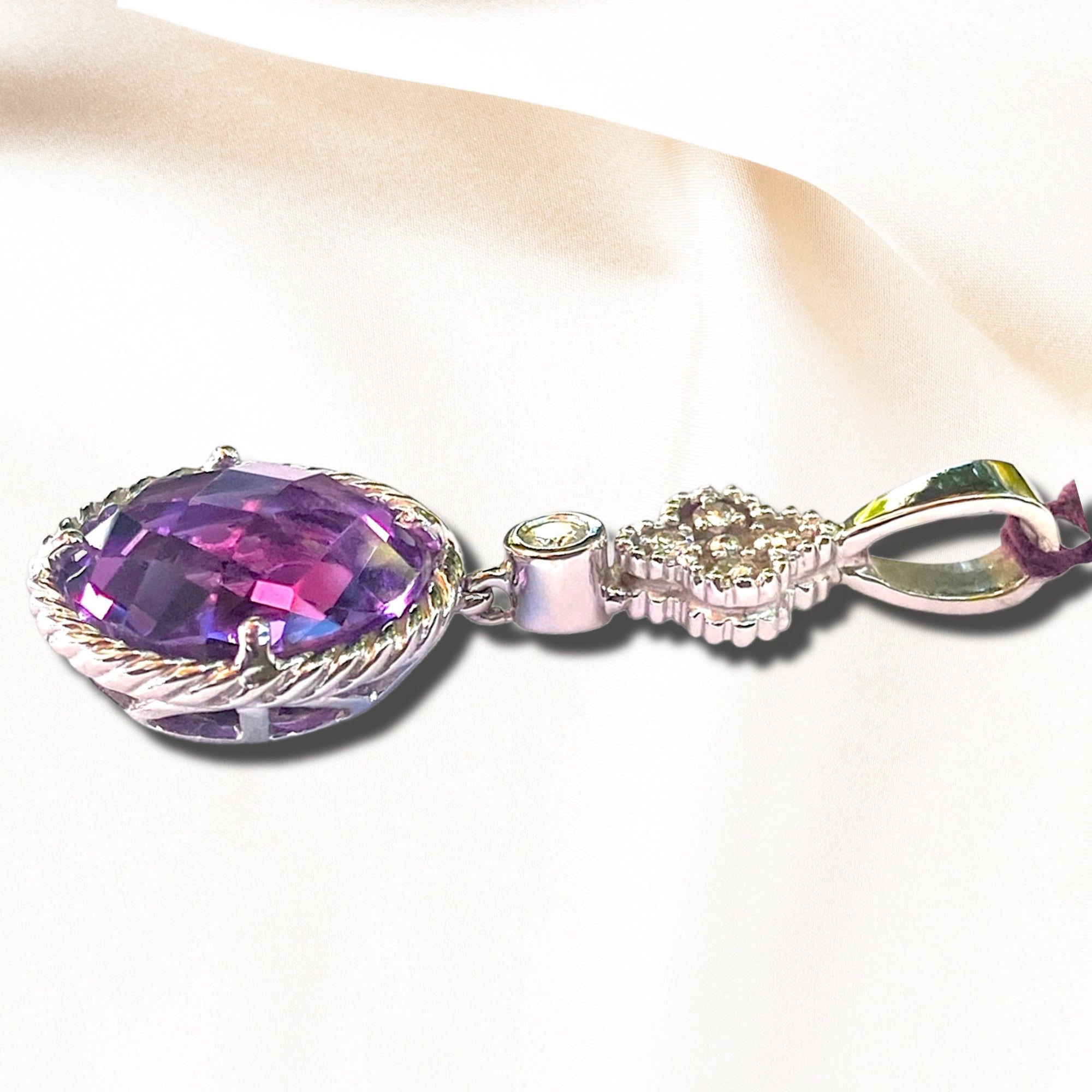 14K White Gold Amethyst & Diamond Pendant — 12ct Amethyst, 0.18ct Diamonds