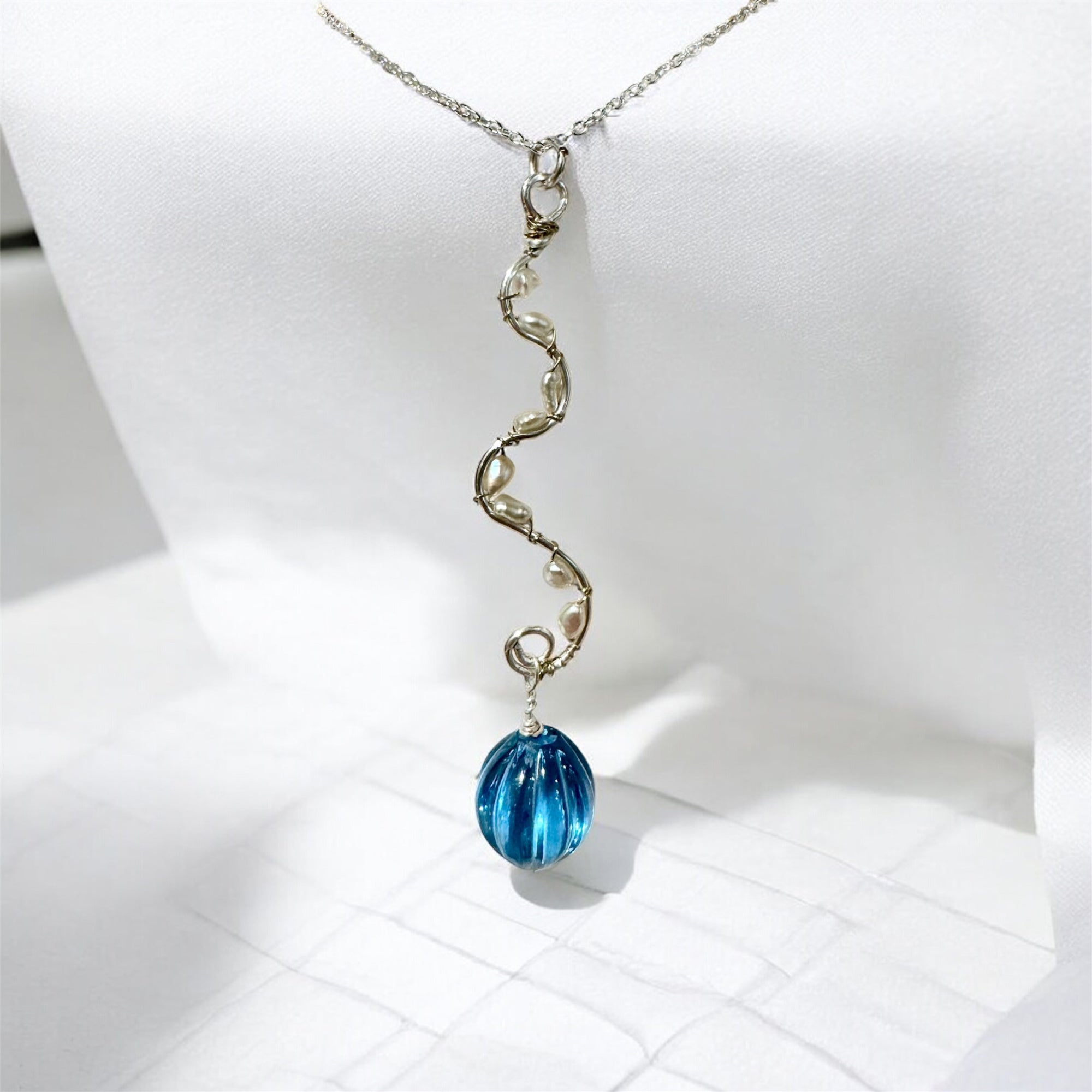 Spiral Pearl and Blue Crystal Pendant