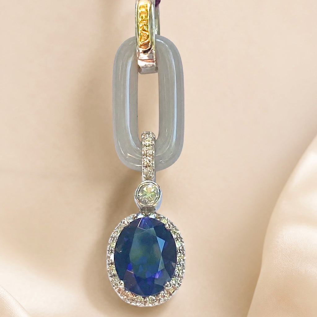 Chalcedony Iolite Diamond Pendant - on model