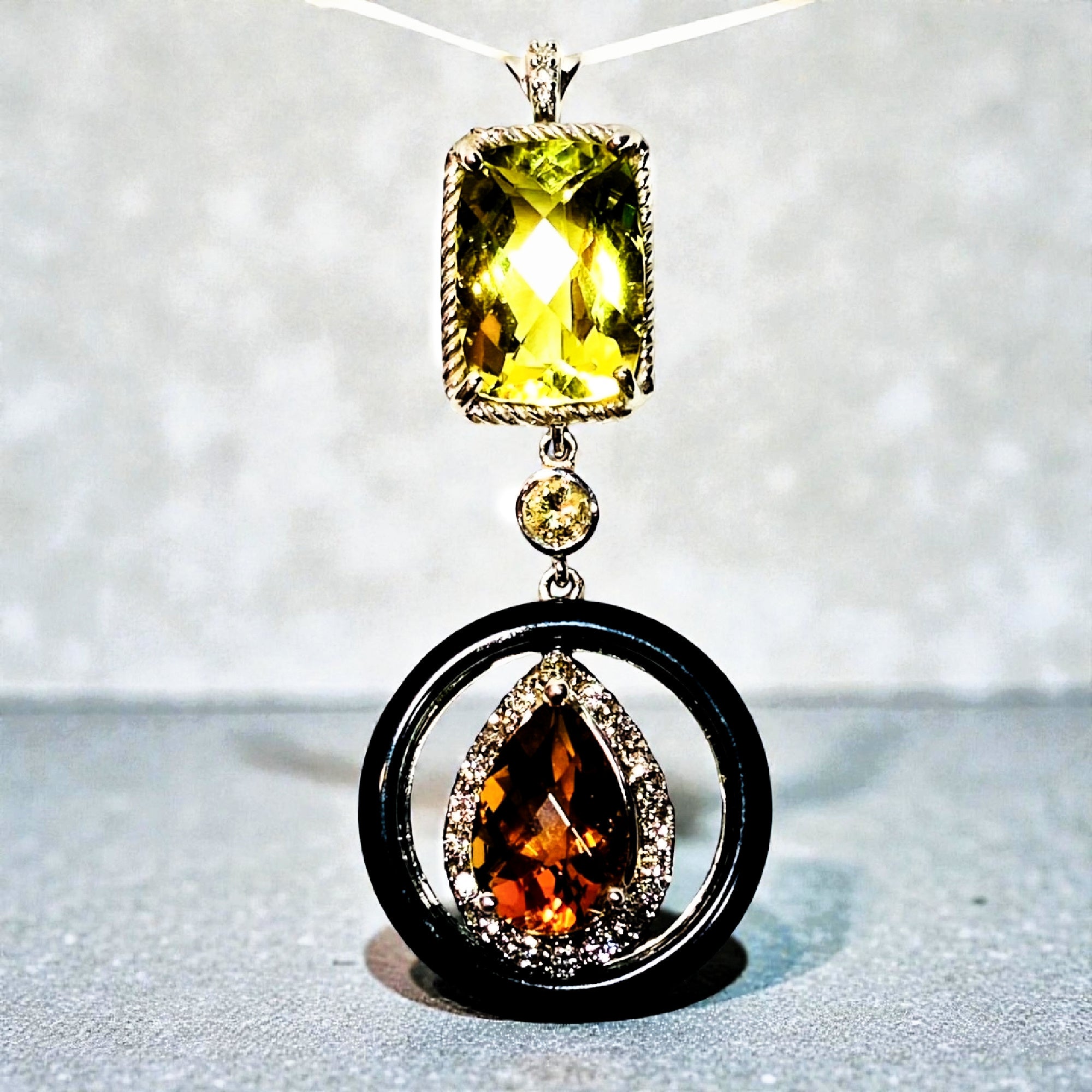 Lemon Quartz, Citrine, Diamond & Onyx Pendant | 14K White & Rose Gold | GAL Appraised