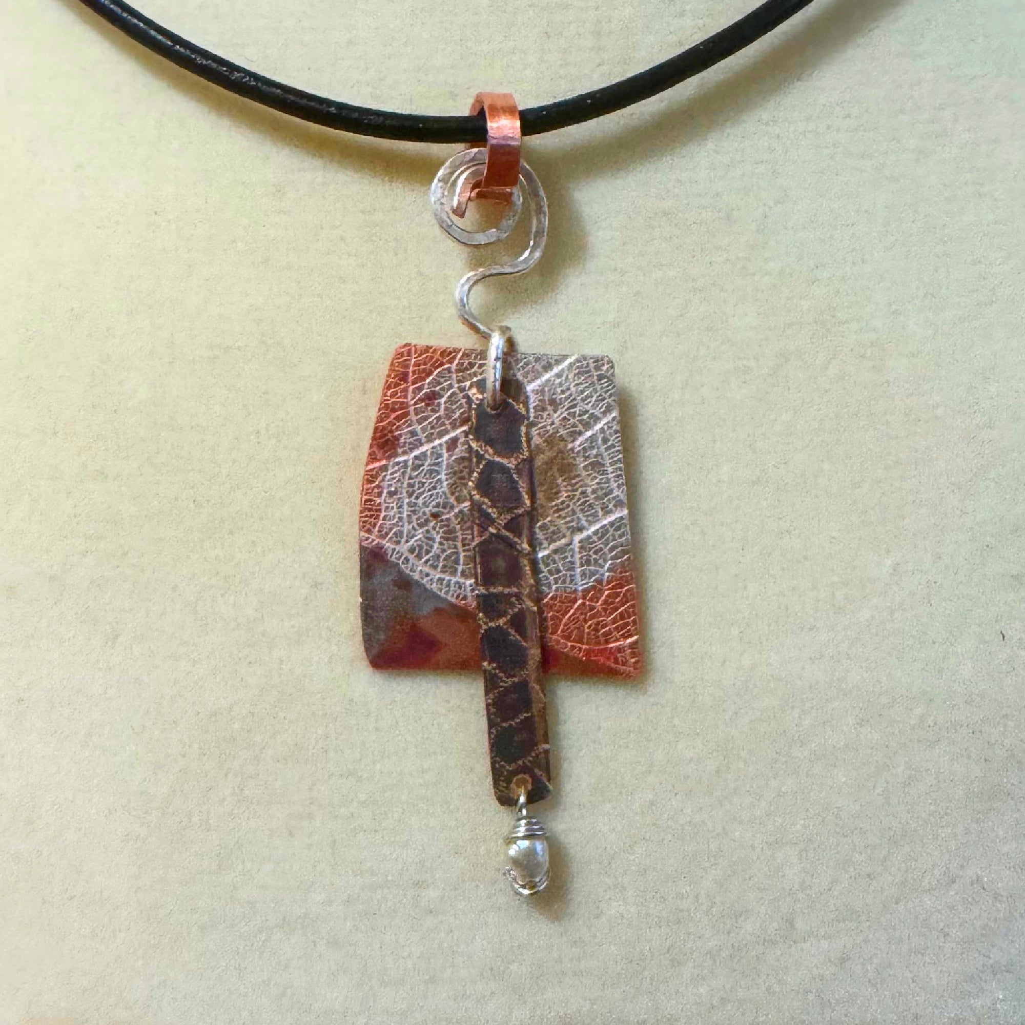 Textured Copper and Pearl Pendant with Silver Accent