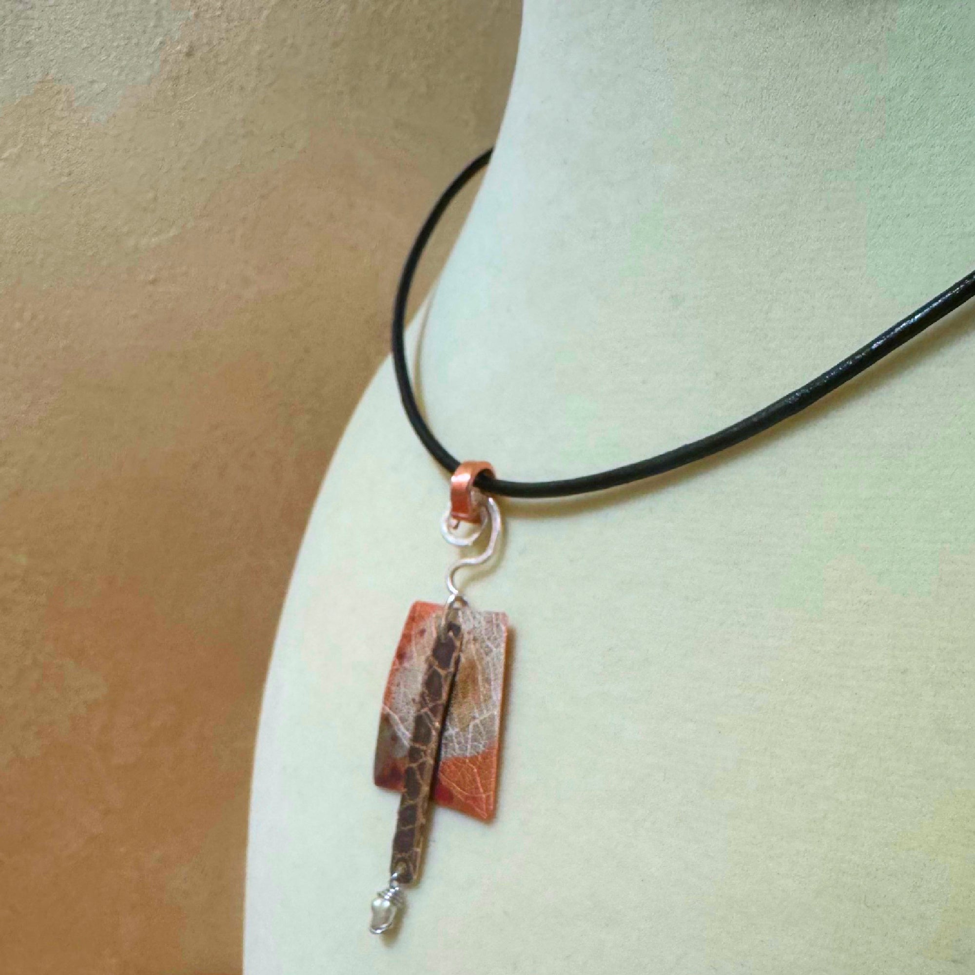 Textured Copper and Pearl Pendant with Silver Accent