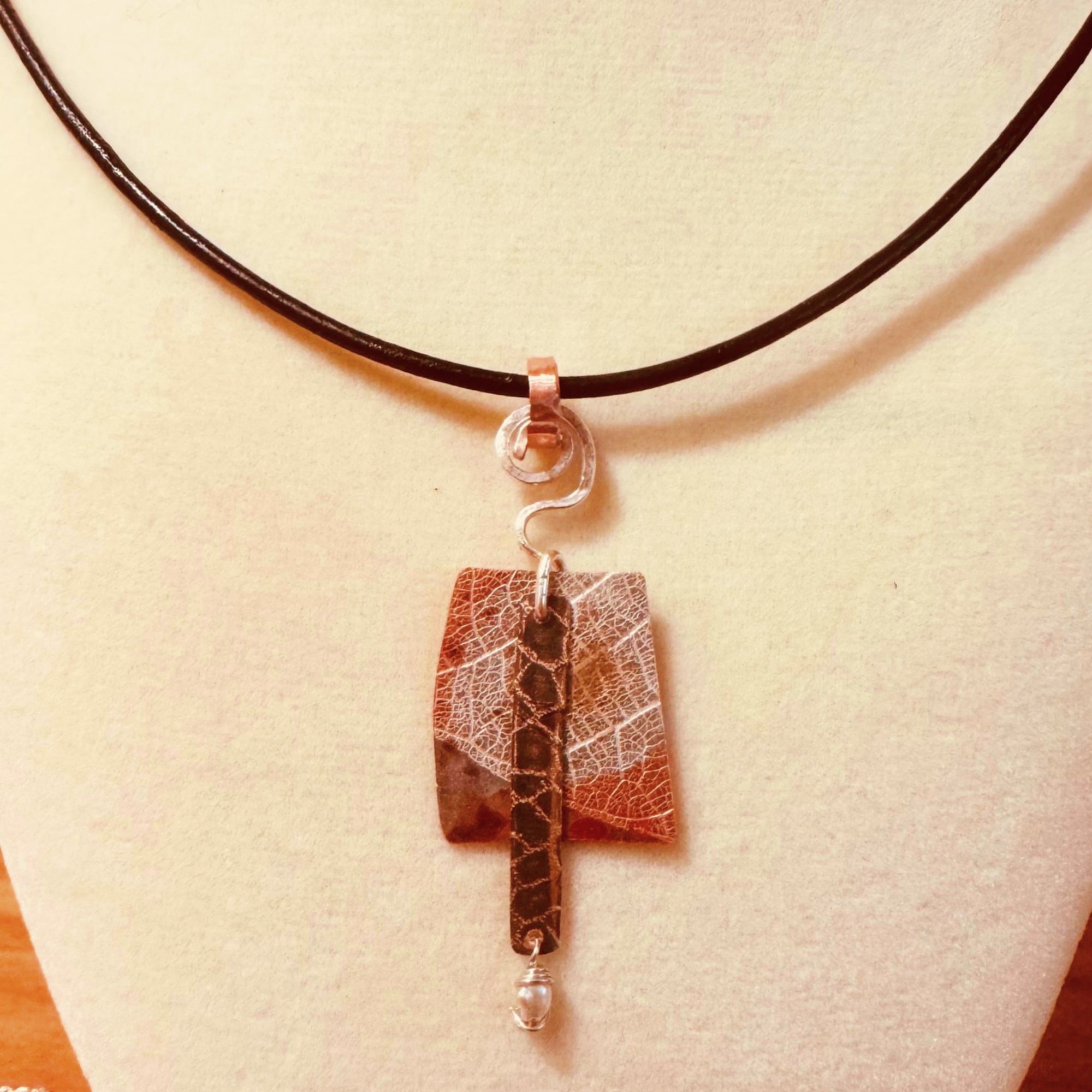 Textured Copper and Pearl Pendant with Silver Accent