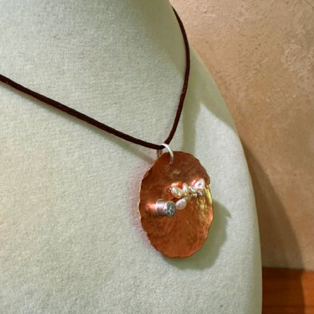Handcrafted Copper Pendant Necklace | Sterling Silver, Freshwater Pearls & CZ | Brown Silk Cord
