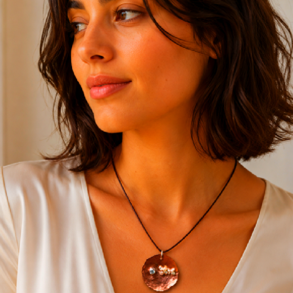 Handcrafted Copper Pendant Necklace | Sterling Silver, Freshwater Pearls & CZ | Brown Silk Cord