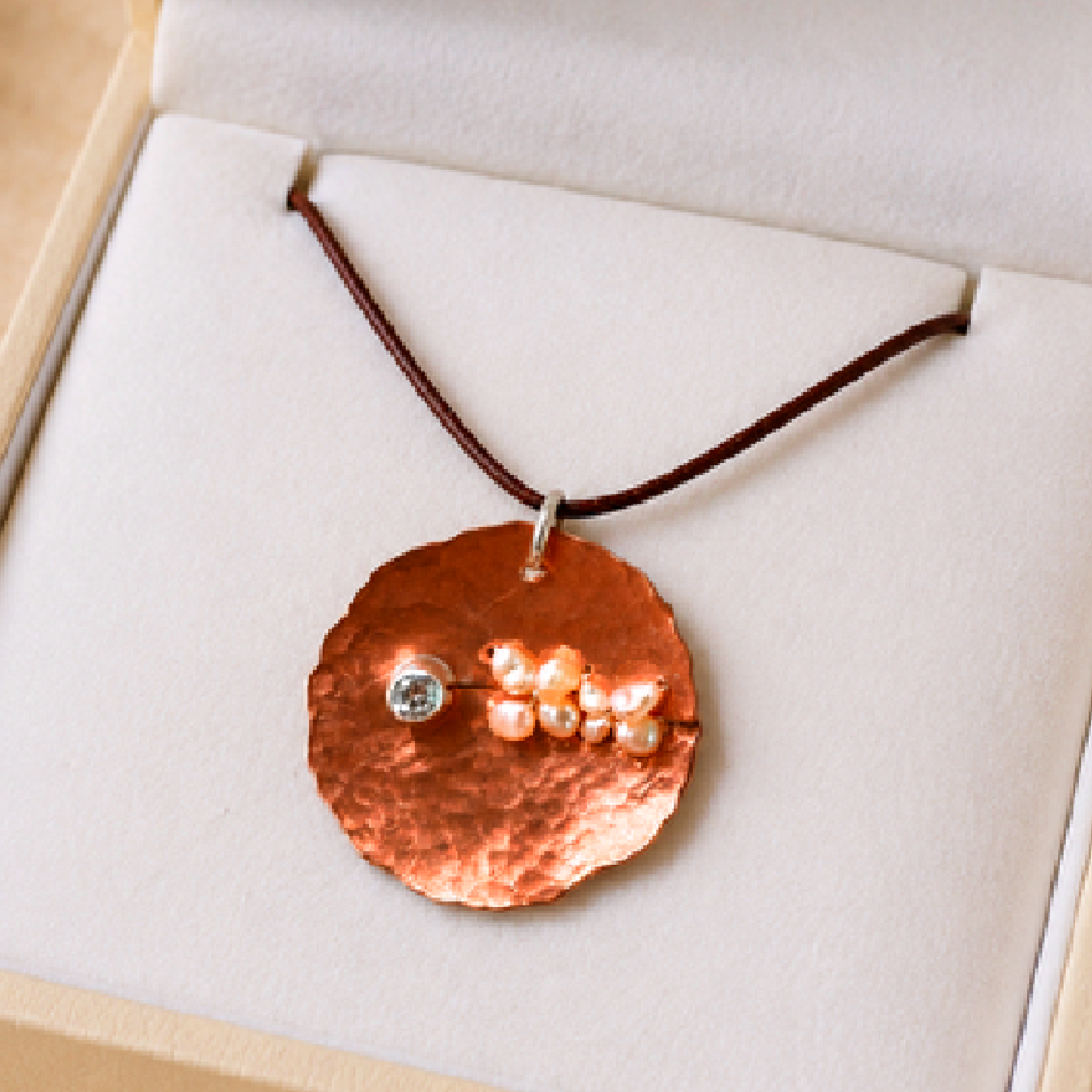 Handcrafted Copper Pendant Necklace | Sterling Silver, Freshwater Pearls & CZ | Brown Silk Cord