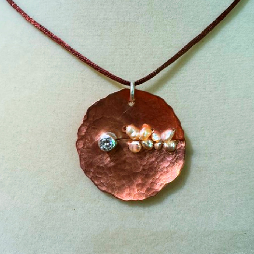 Handcrafted Copper Pendant Necklace | Sterling Silver, Freshwater Pearls & CZ | Brown Silk Cord