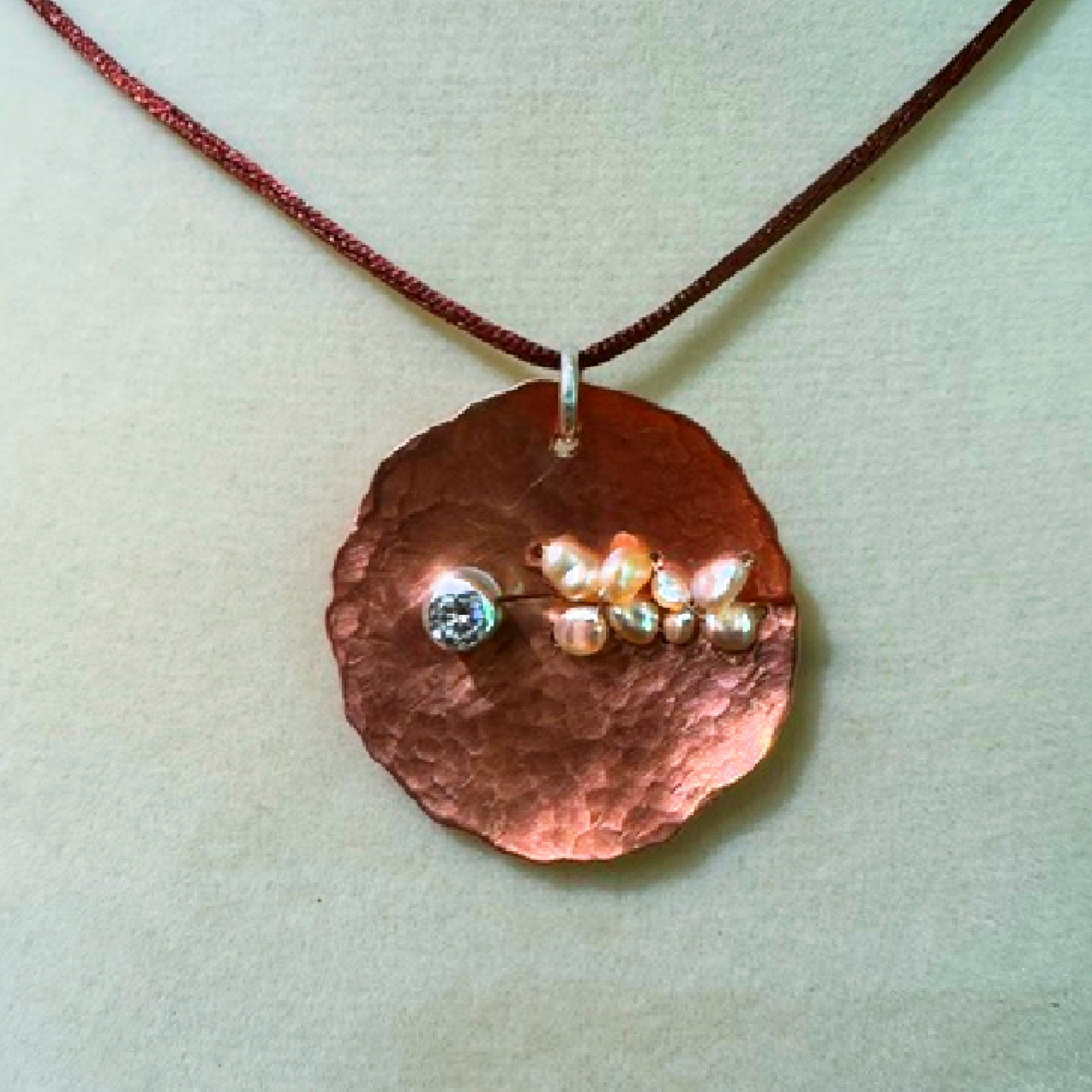 Handcrafted Copper Pendant Necklace | Sterling Silver, Freshwater Pearls & CZ | Brown Silk Cord