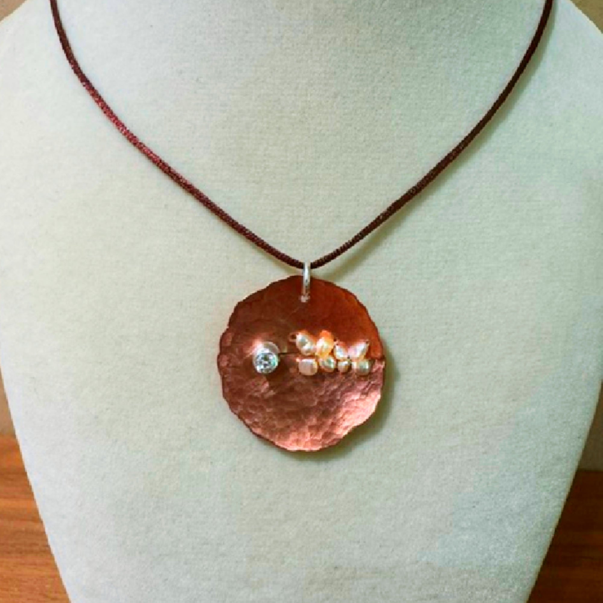 Handcrafted Copper Pendant Necklace | Sterling Silver, Freshwater Pearls & CZ | Brown Silk Cord