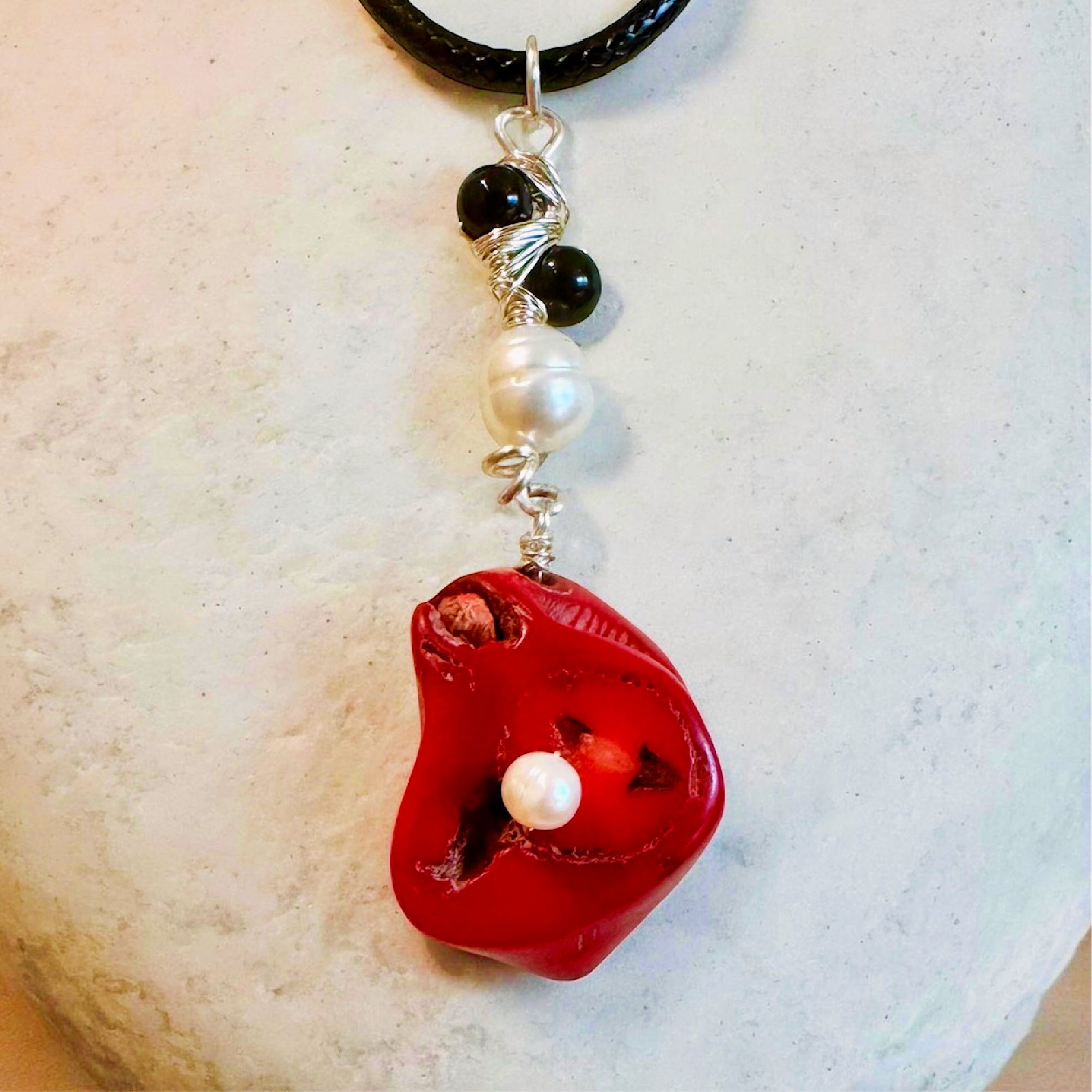 Red Coral, Pearl & Black Onyx Pendant Necklace - Handmade Wire-Wrapped