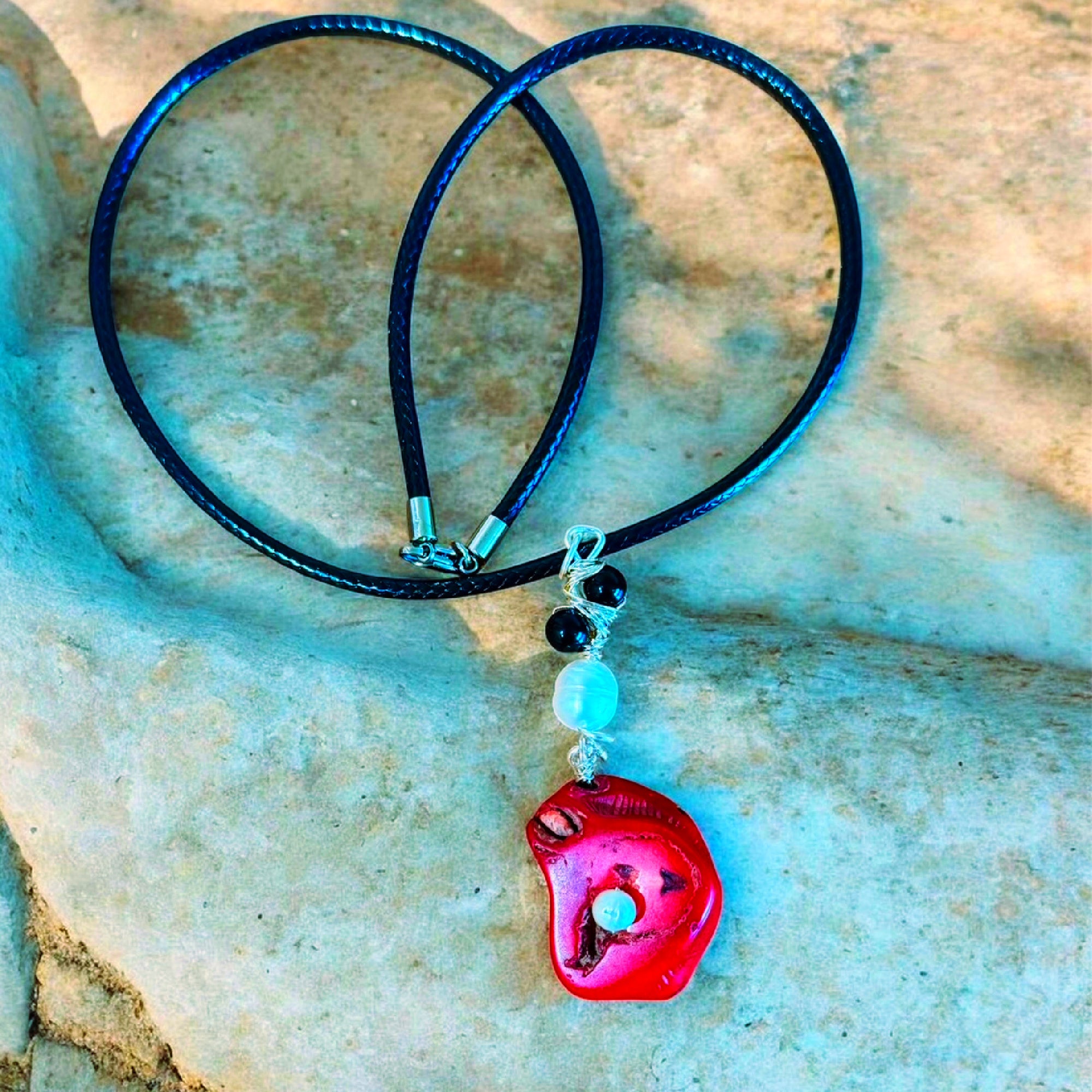 Red Coral, Pearl & Black Onyx Pendant Necklace - Handmade Wire-Wrapped