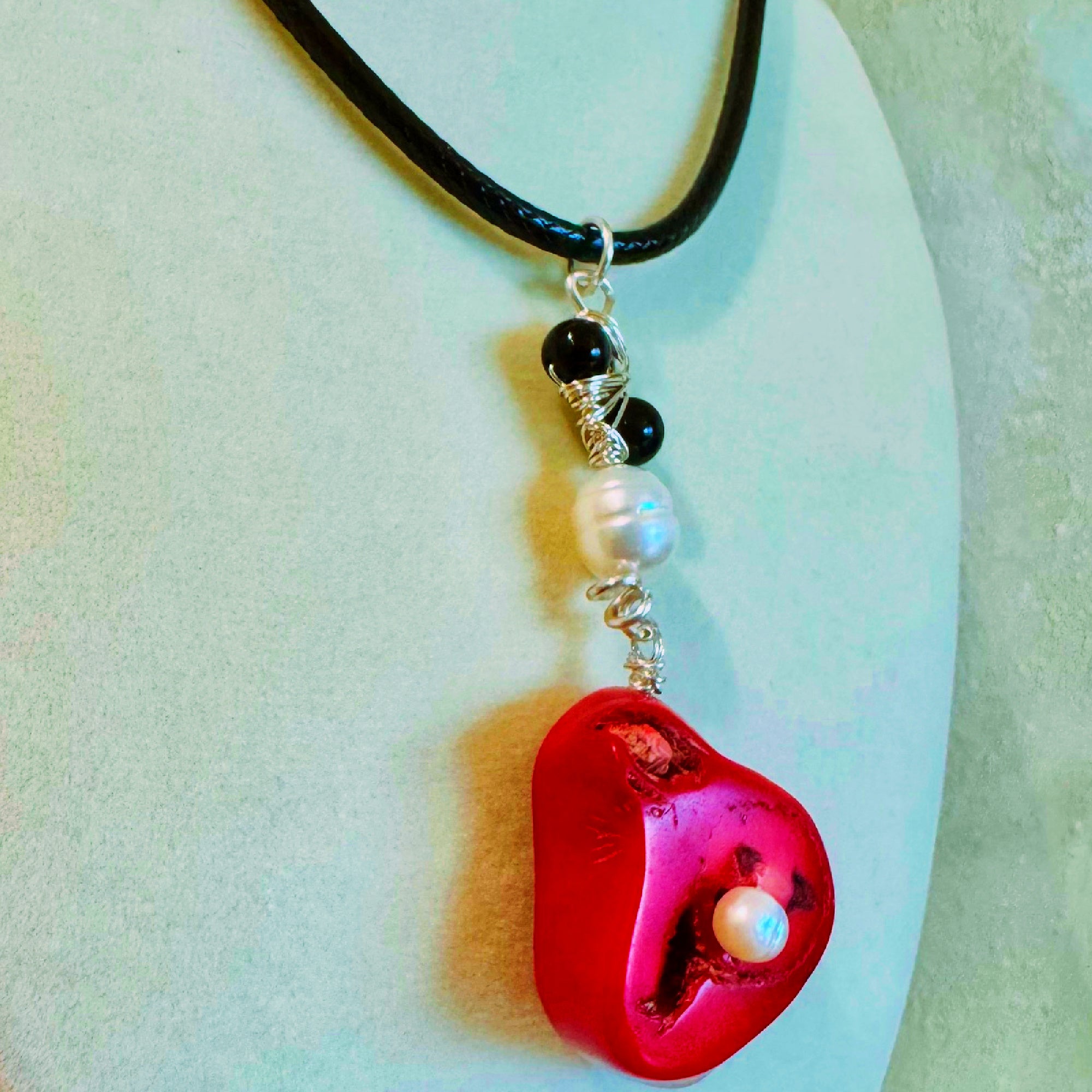 Red Coral, Pearl & Black Onyx Pendant Necklace - Handmade Wire-Wrapped