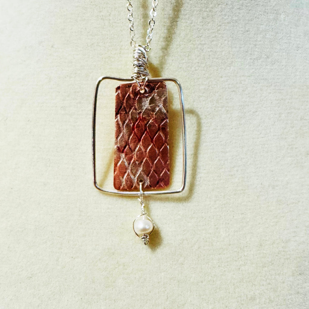 Framed Copper Mermaid Scale and Pearl Pendant
