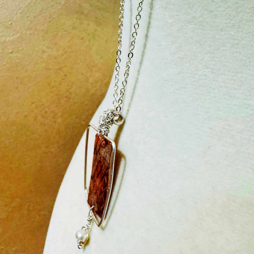 Framed Copper Mermaid Scale and Pearl Pendant