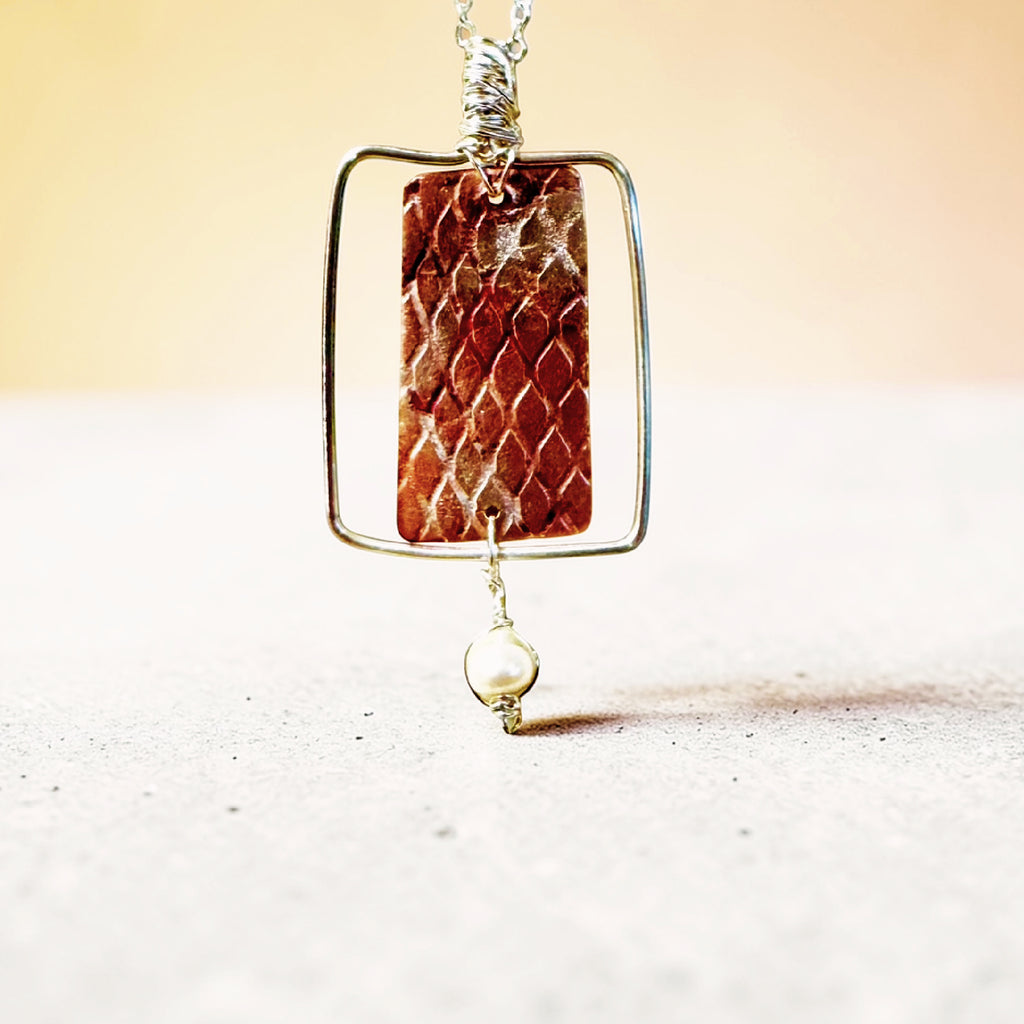 Framed Copper Mermaid Scale and Pearl Pendant