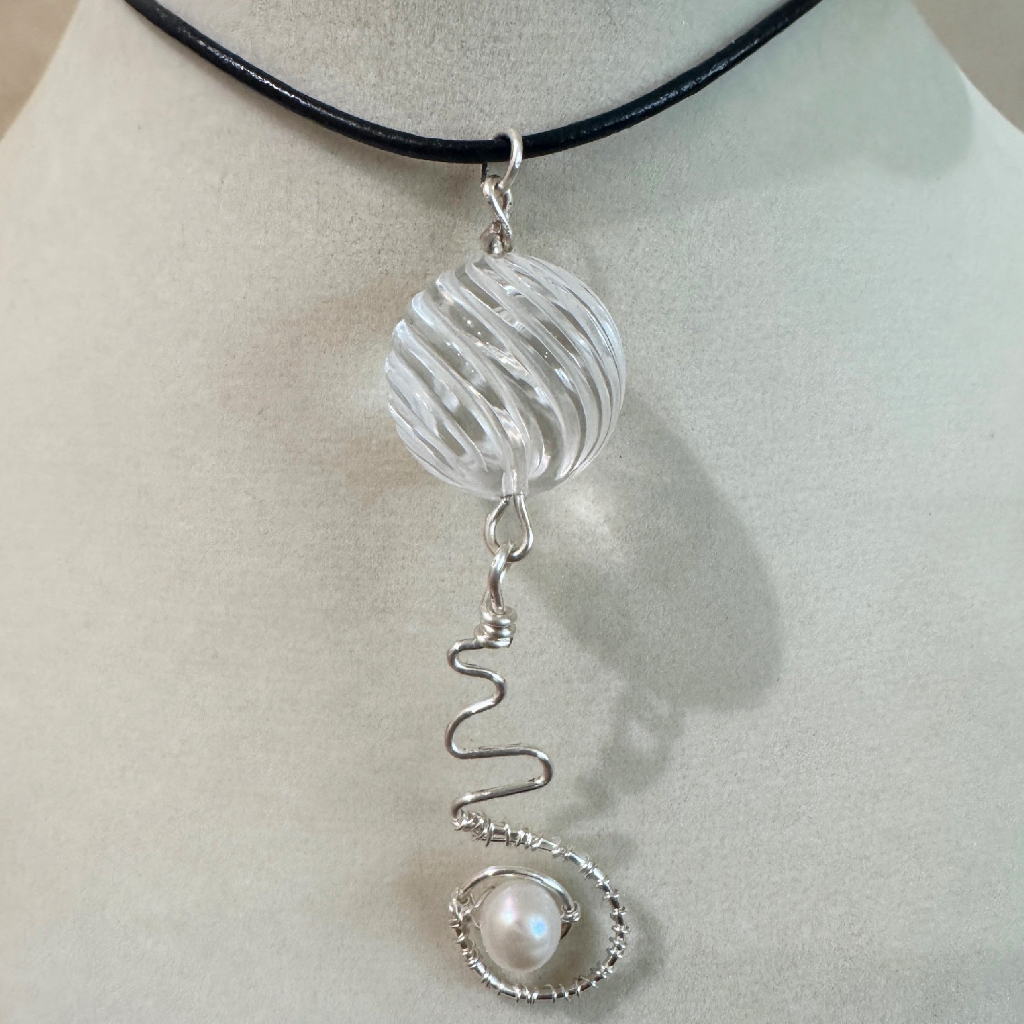 Faceted Crystal Ball & Freshwater Pearl Wire Wrapped Pendant