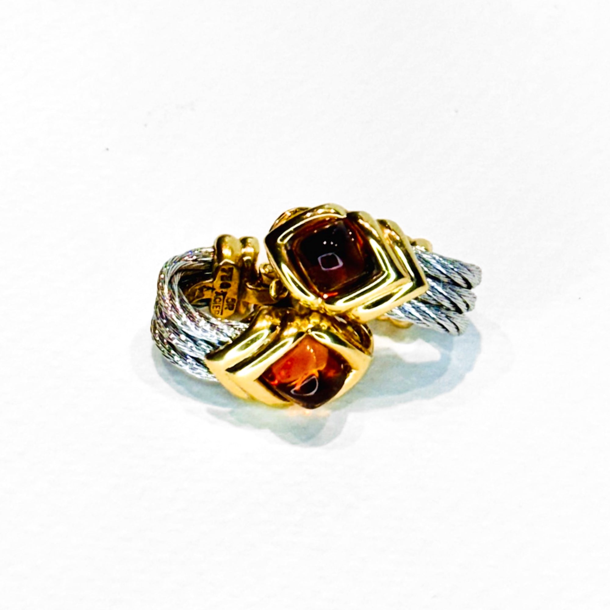 Fred Paris 18K Gold & Steel Cable Earrings with Golden Topaz Cabochon
