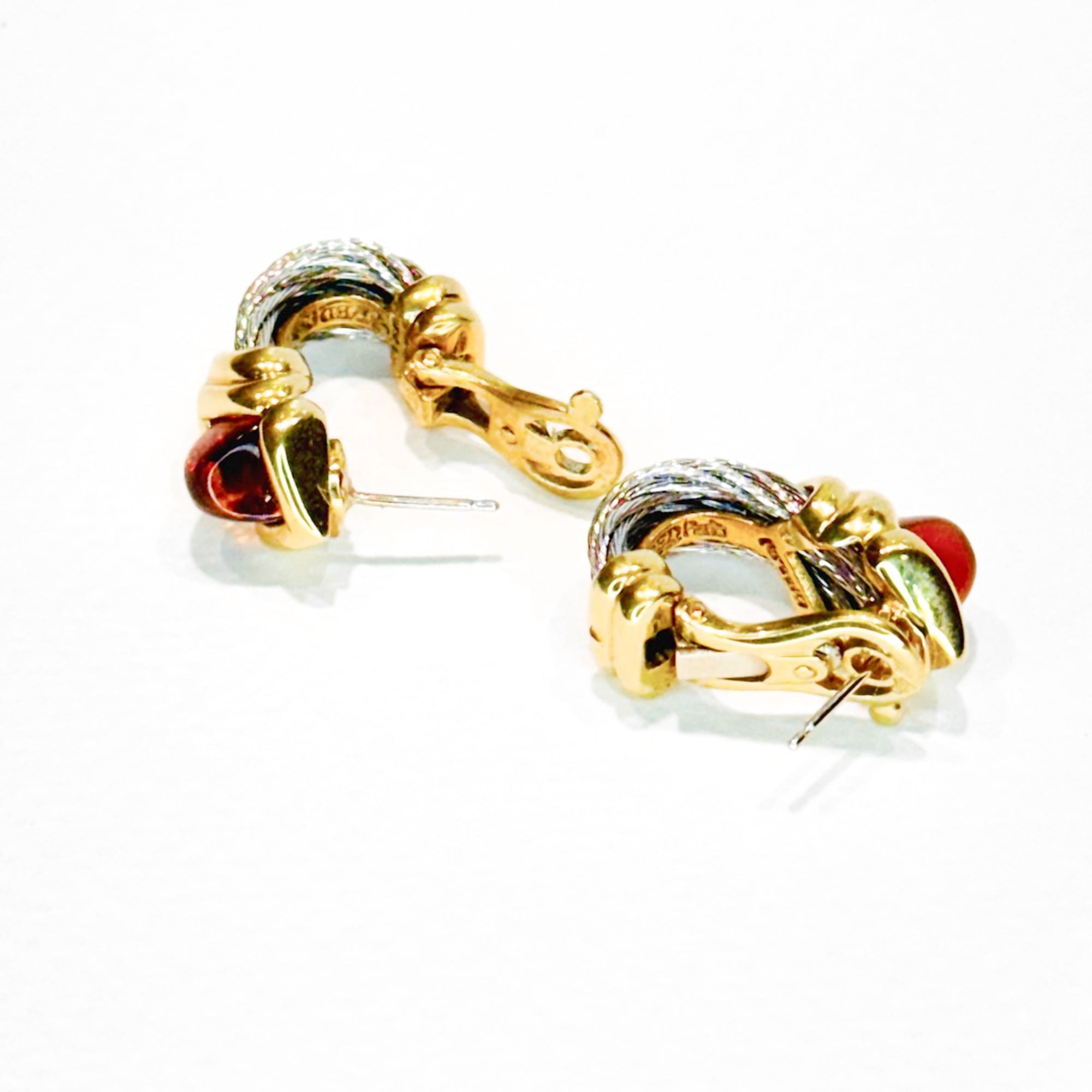 Fred Paris 18K Gold & Steel Cable Earrings with Golden Topaz Cabochon