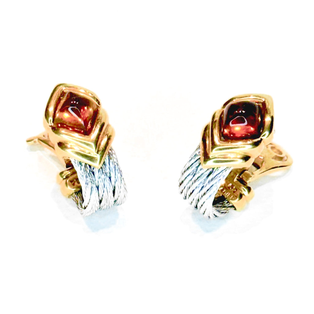 Fred Paris 18K Gold & Steel Cable Earrings with Golden Topaz Cabochon