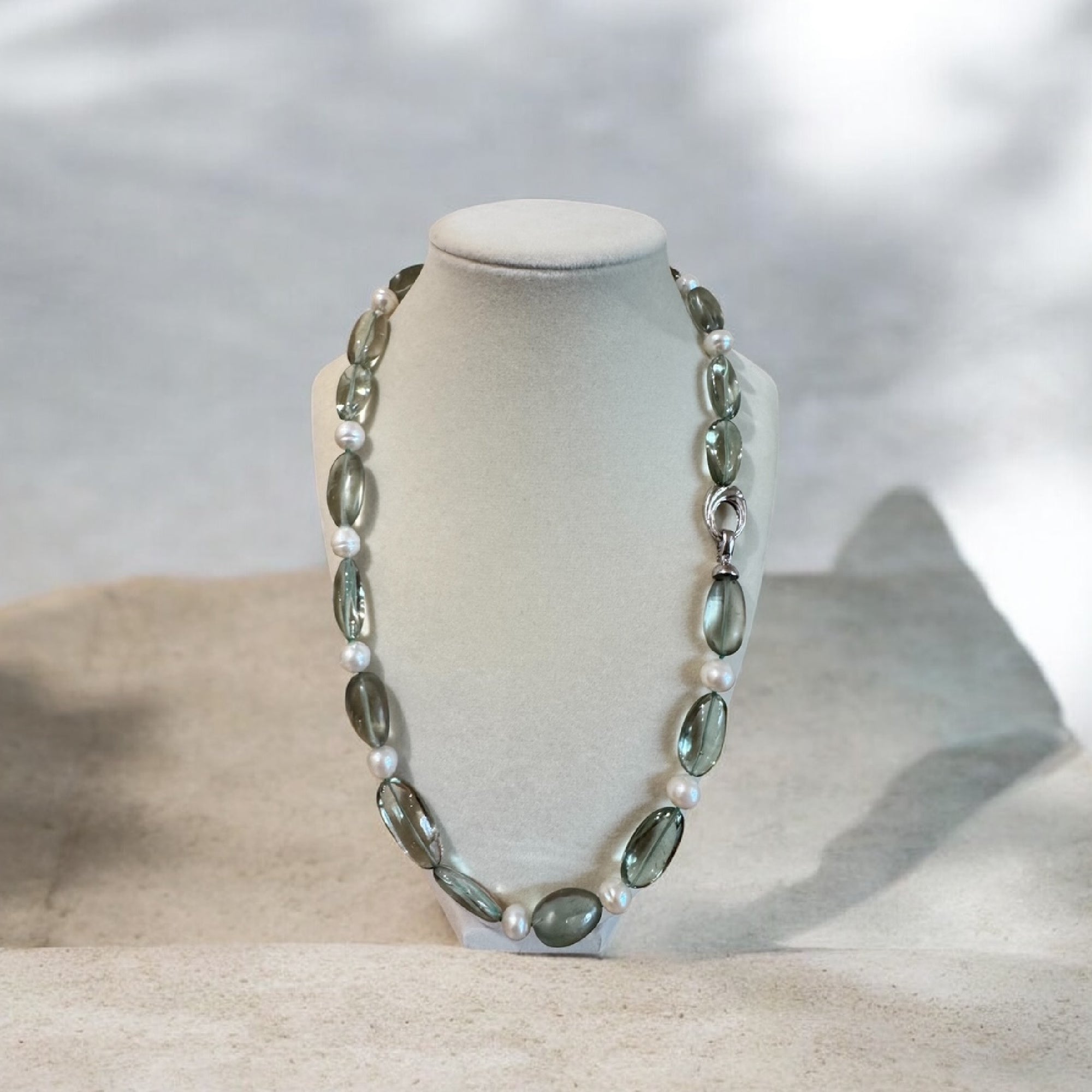 Green Apple Amethyst & Baroque Pearl Necklace - 24" Sterling Silver