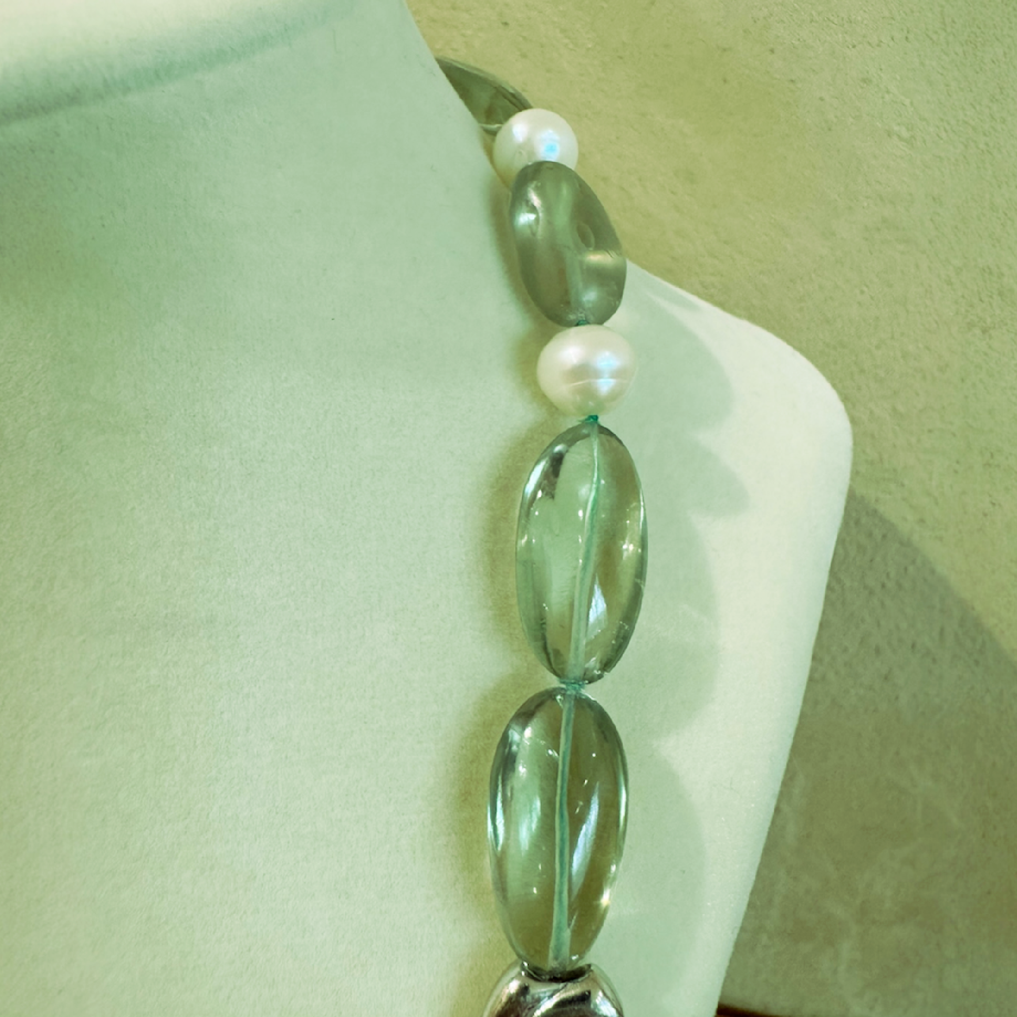 Green Apple Amethyst & Baroque Pearl Necklace - 24" Sterling Silver