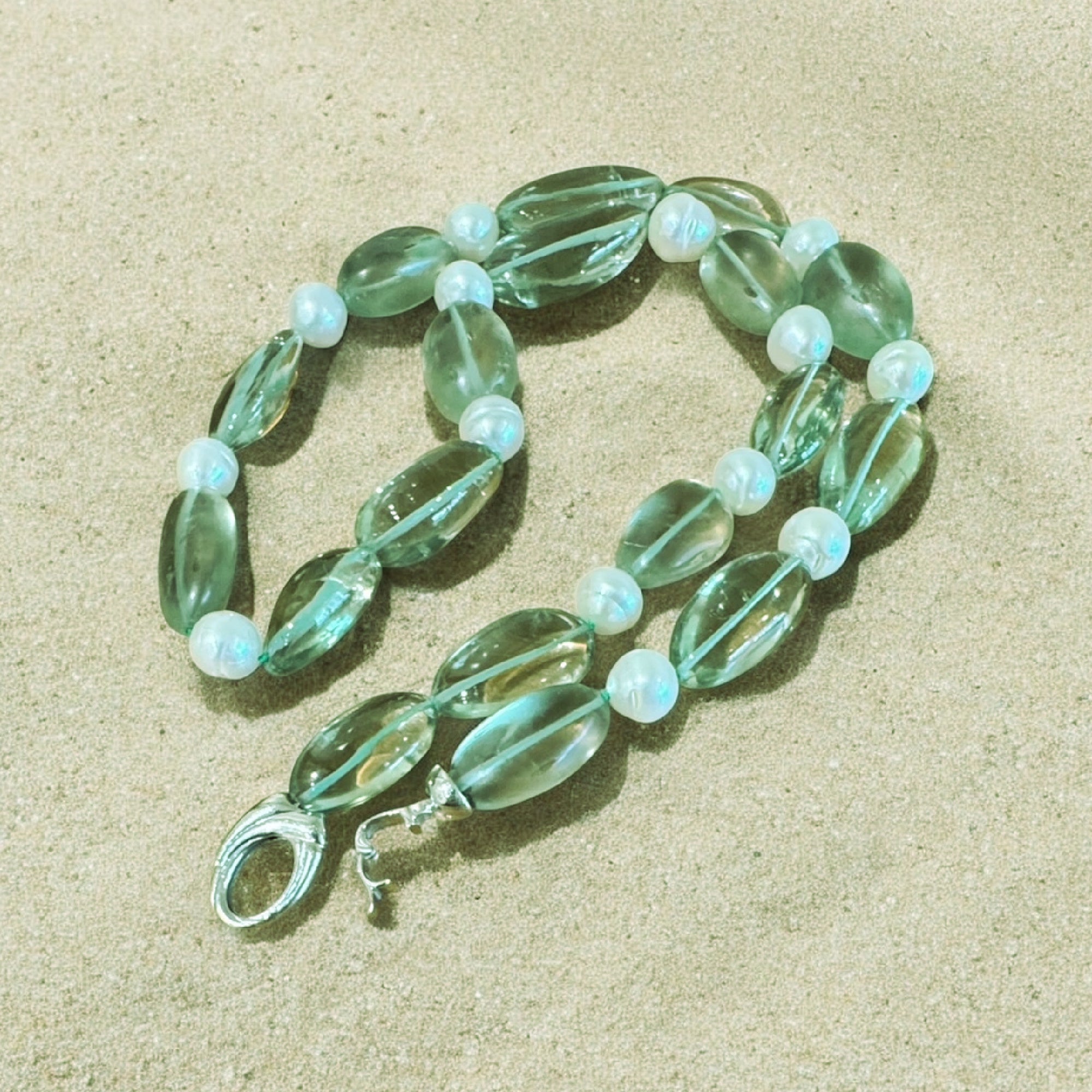 Green Apple Amethyst & Baroque Pearl Necklace - 24" Sterling Silver