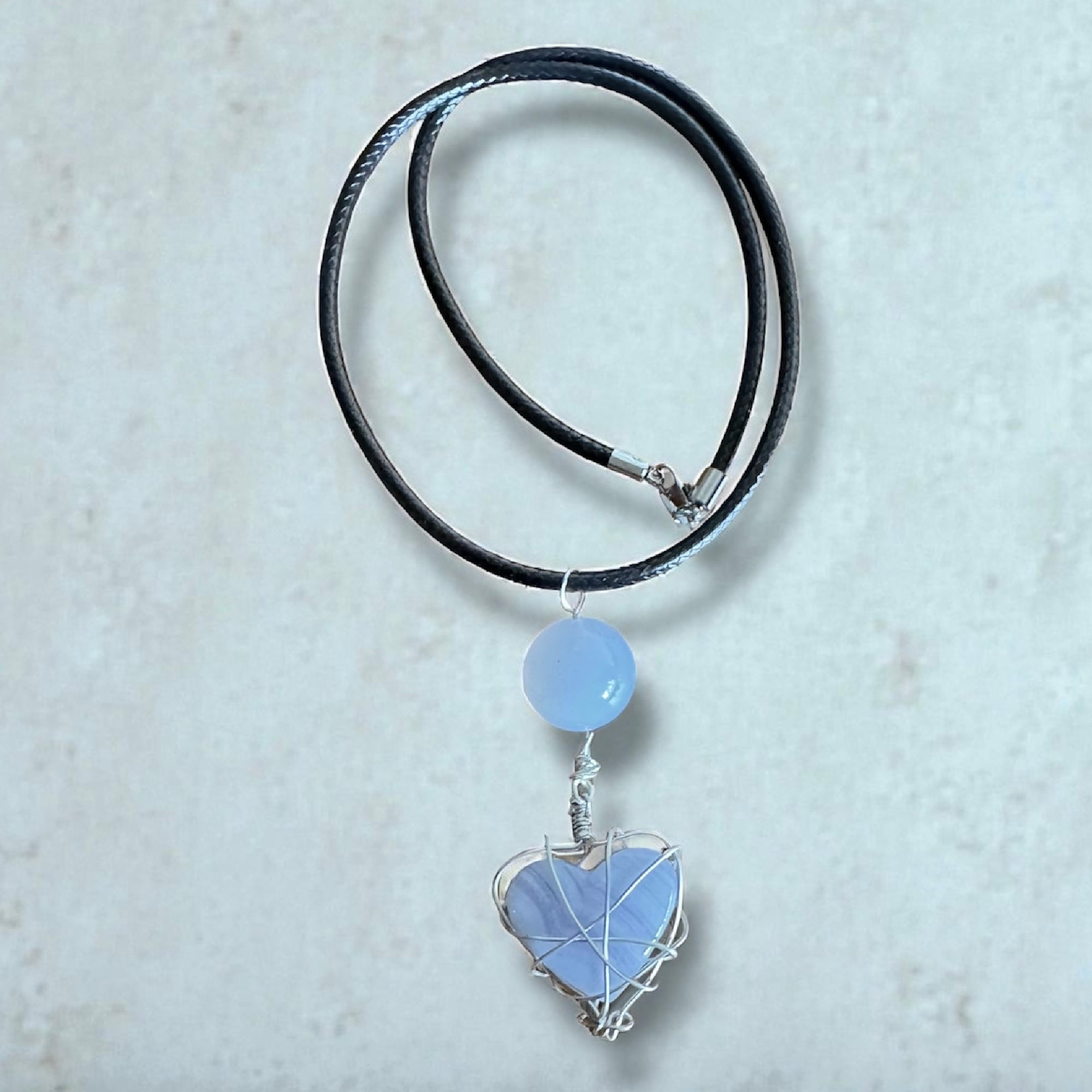 Blue Heart Pendant Necklace - Wire-Wrapped Blue Chalcedony