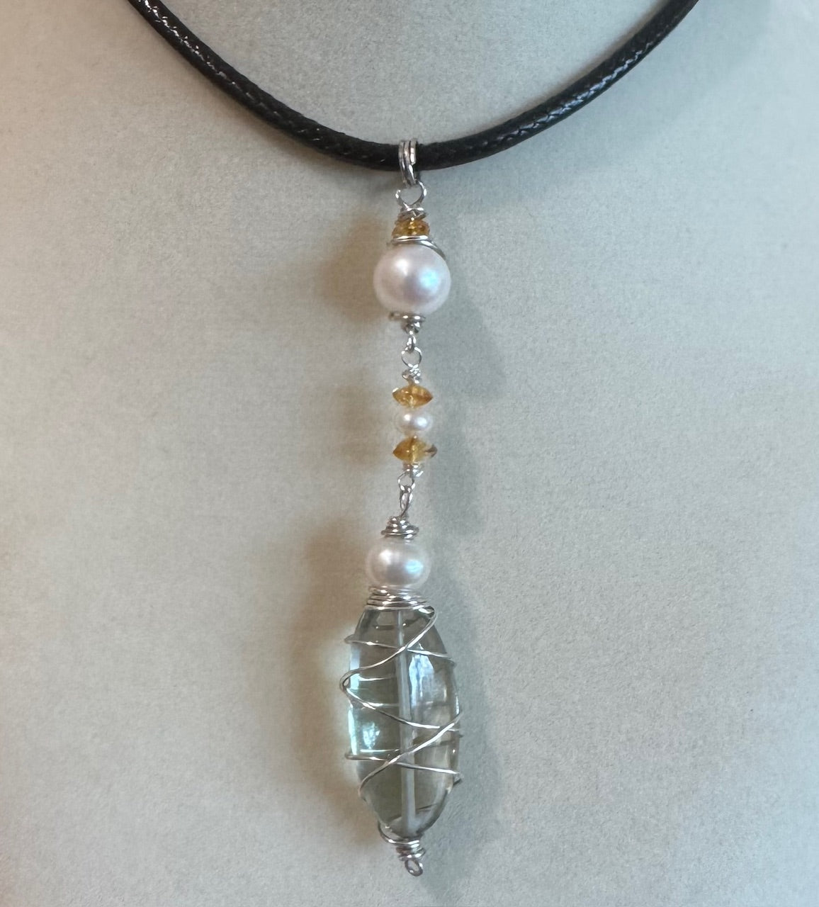 Green Apple Amethyst, Pearl & Citrine Pendant - Sterling Silver Wire-Wrapped