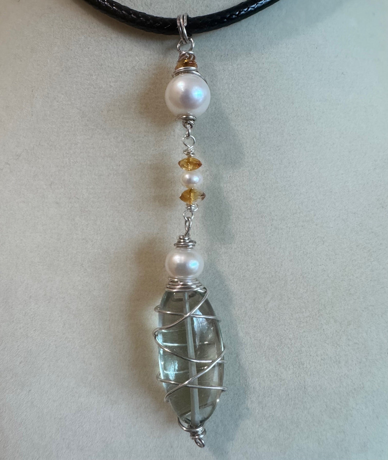 Green Apple Amethyst, Pearl & Citrine Pendant - Sterling Silver Wire-Wrapped