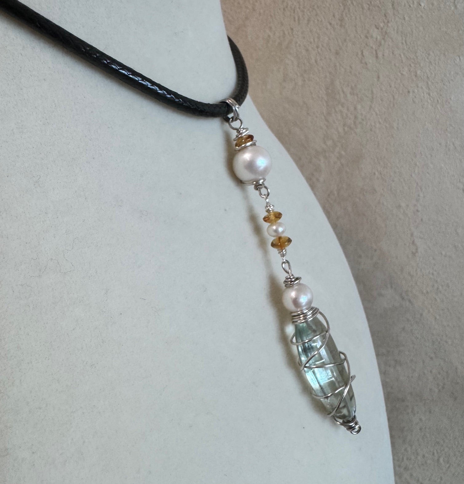 Green Apple Amethyst, Pearl & Citrine Pendant - Sterling Silver Wire-Wrapped