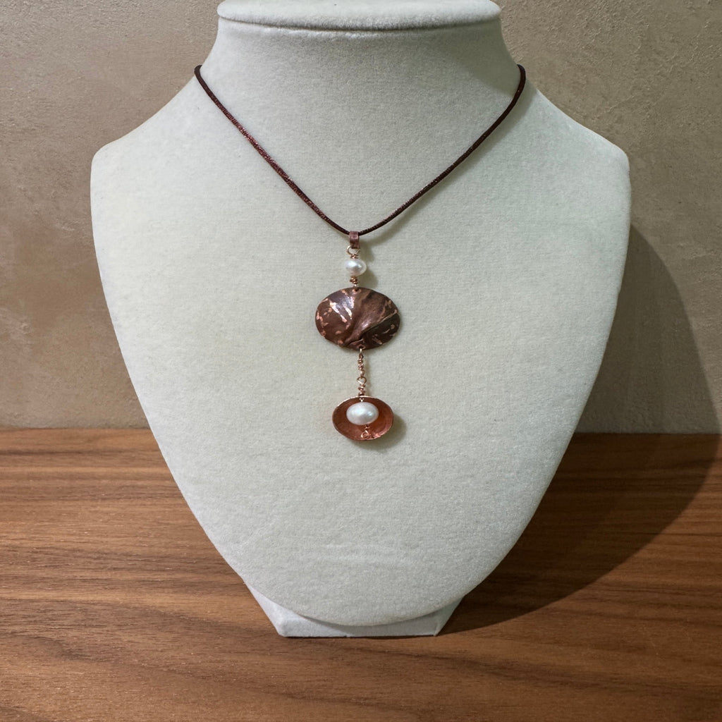 Handcrafted Copper & Freshwater Pearl Pendant Necklace | Hammered Copper Disc | Brown Silk Cord