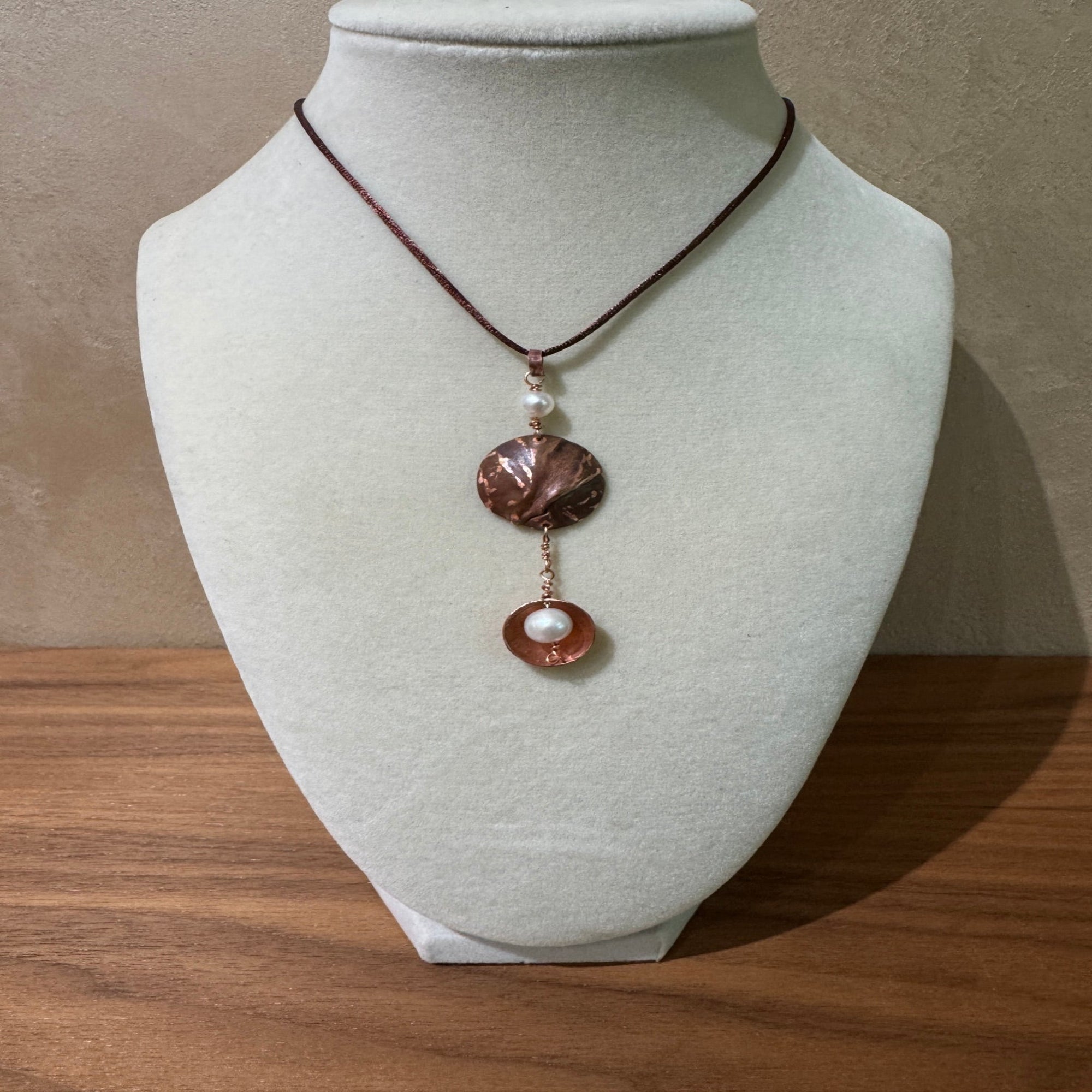 Handcrafted Copper & Freshwater Pearl Pendant Necklace | Hammered Copper Disc | Brown Silk Cord
