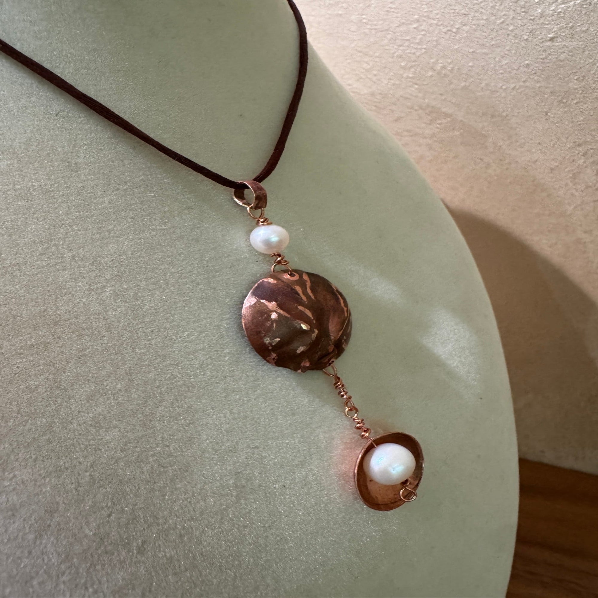 Handcrafted Copper & Freshwater Pearl Pendant Necklace | Hammered Copper Disc | Brown Silk Cord