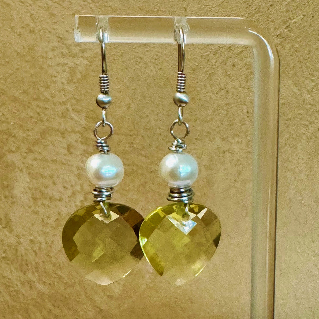 Sterling Silver Lemon Citrine Heart & Pearl Earrings - Handmade Wire-Wrapped