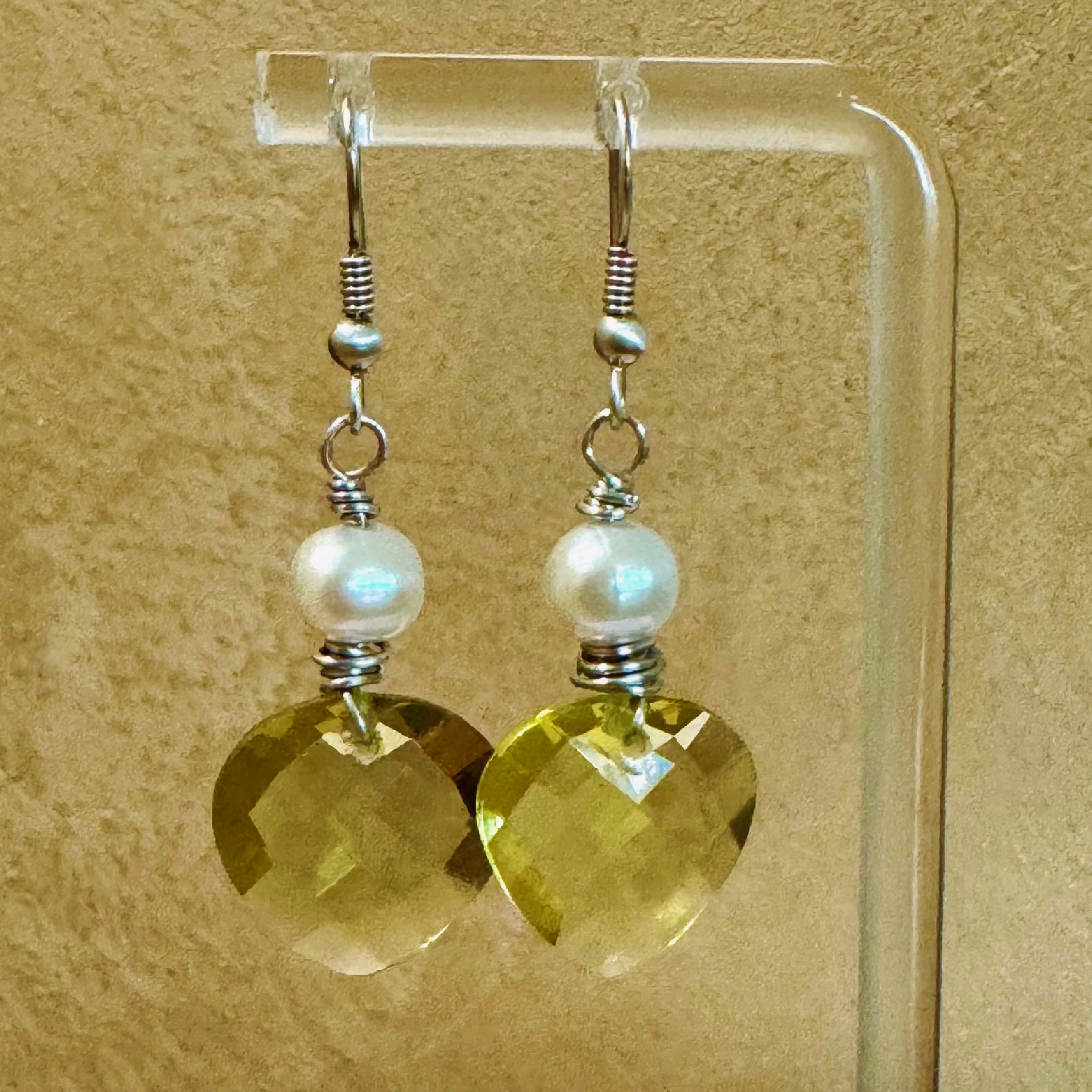 Sterling Silver Lemon Citrine Heart & Pearl Earrings - Handmade Wire-Wrapped