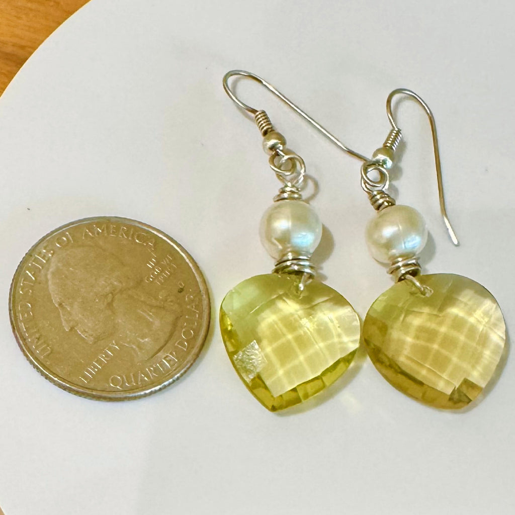 Sterling Silver Lemon Citrine Heart & Pearl Earrings - Handmade Wire-Wrapped