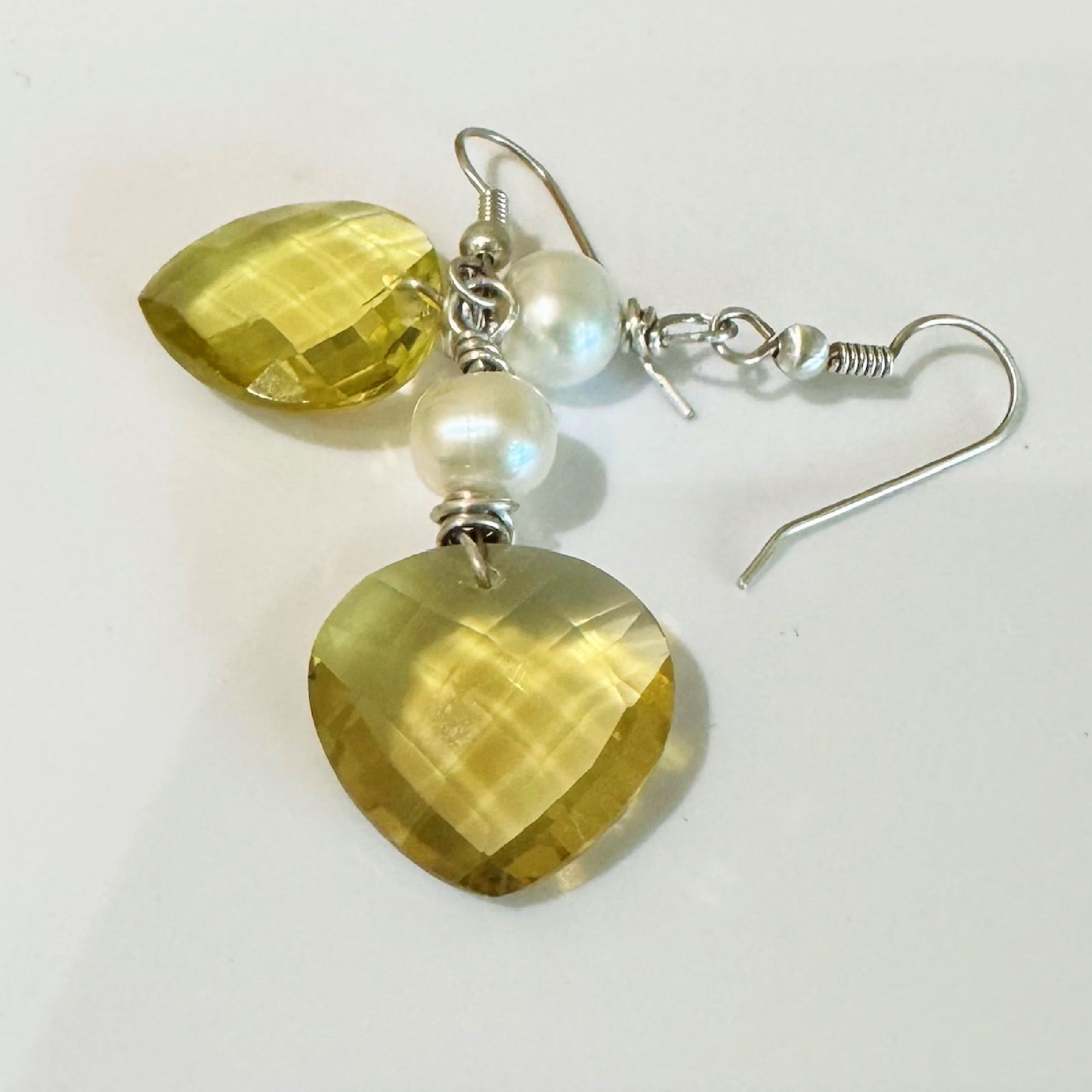 Sterling Silver Lemon Citrine Heart & Pearl Earrings - Handmade Wire-Wrapped