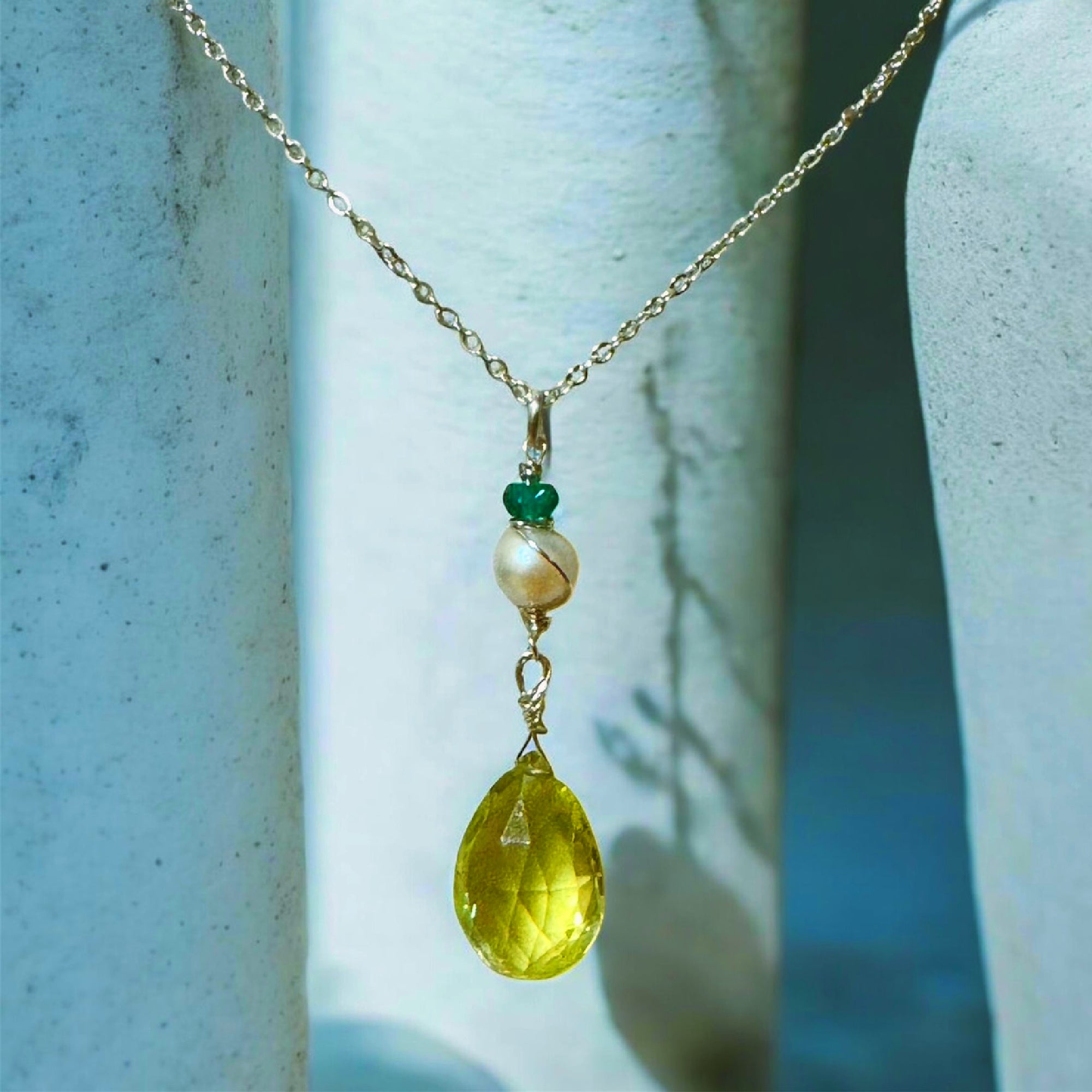 Wire-Wrapped Citrine, Pearl & Emerald Pendant Necklace - Handmade