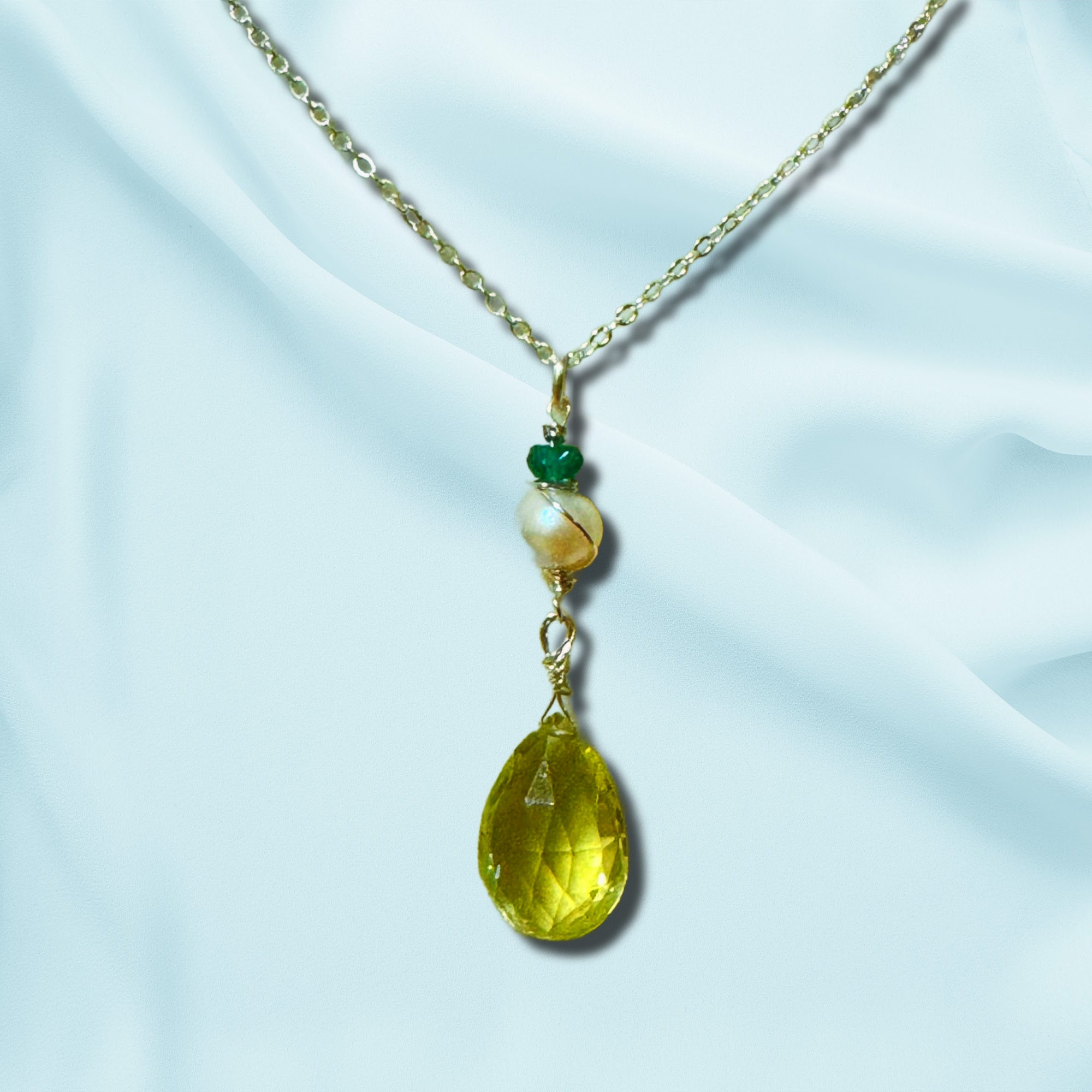 Wire-Wrapped Citrine, Pearl & Emerald Pendant Necklace - Handmade