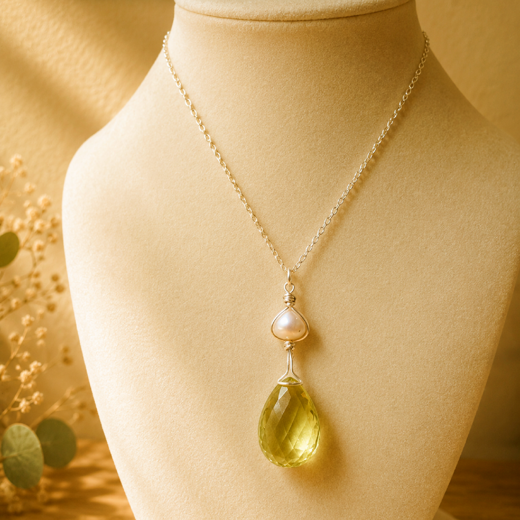 Lemon Citrine & Pearl Sterling Silver Wire-Wrapped Pendant