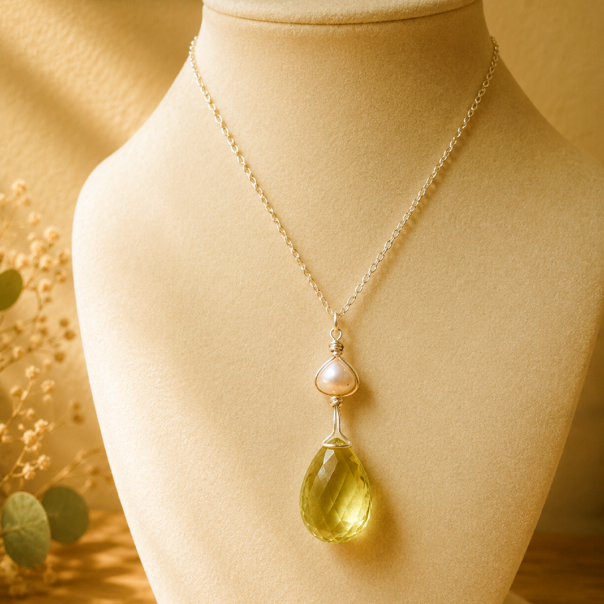 Lemon Citrine & Pearl Sterling Silver Wire-Wrapped Pendant