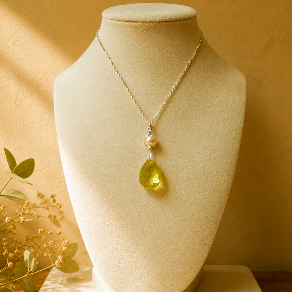 Lemon Citrine & Pearl Sterling Silver Wire-Wrapped Pendant