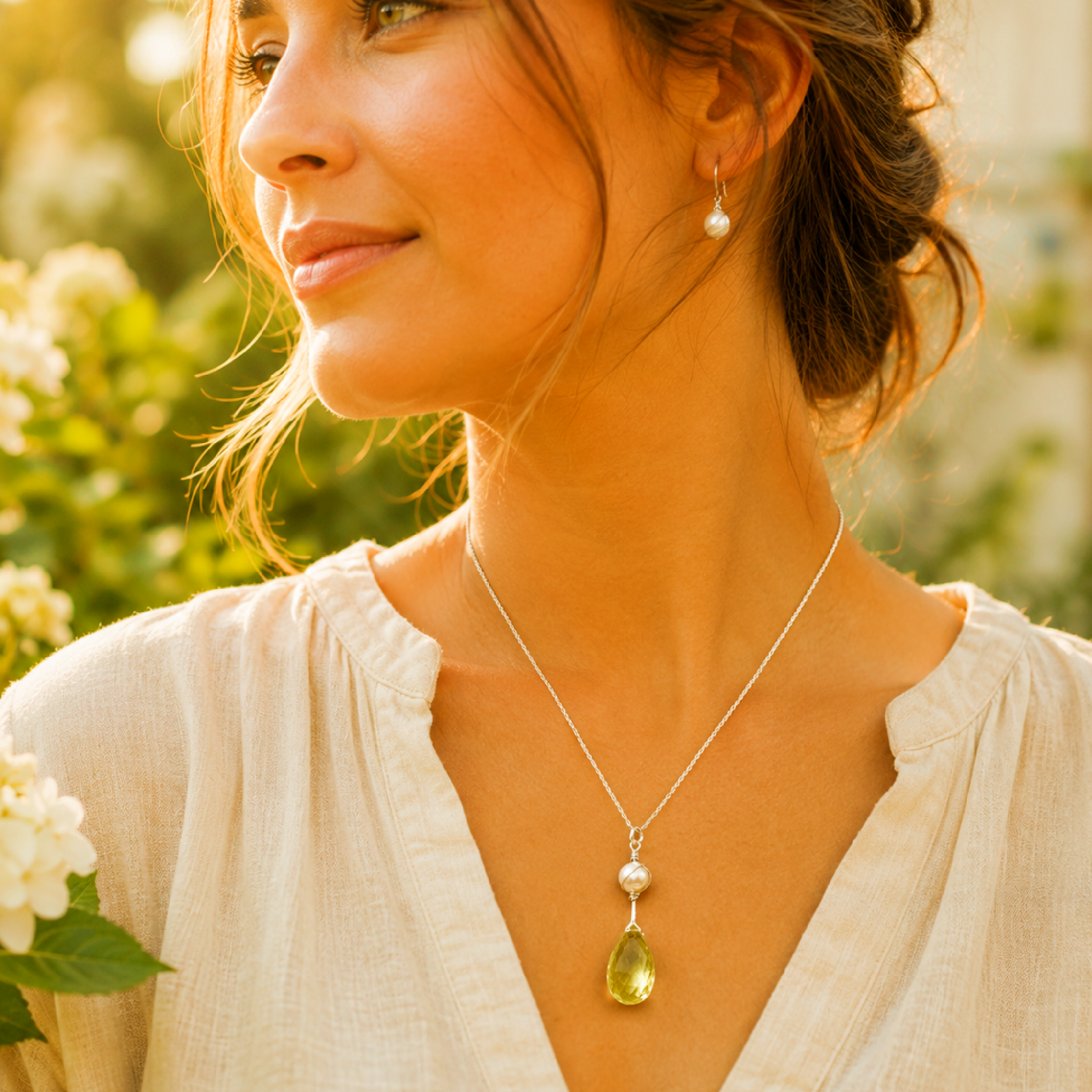 Lemon Citrine & Pearl Sterling Silver Wire-Wrapped Pendant