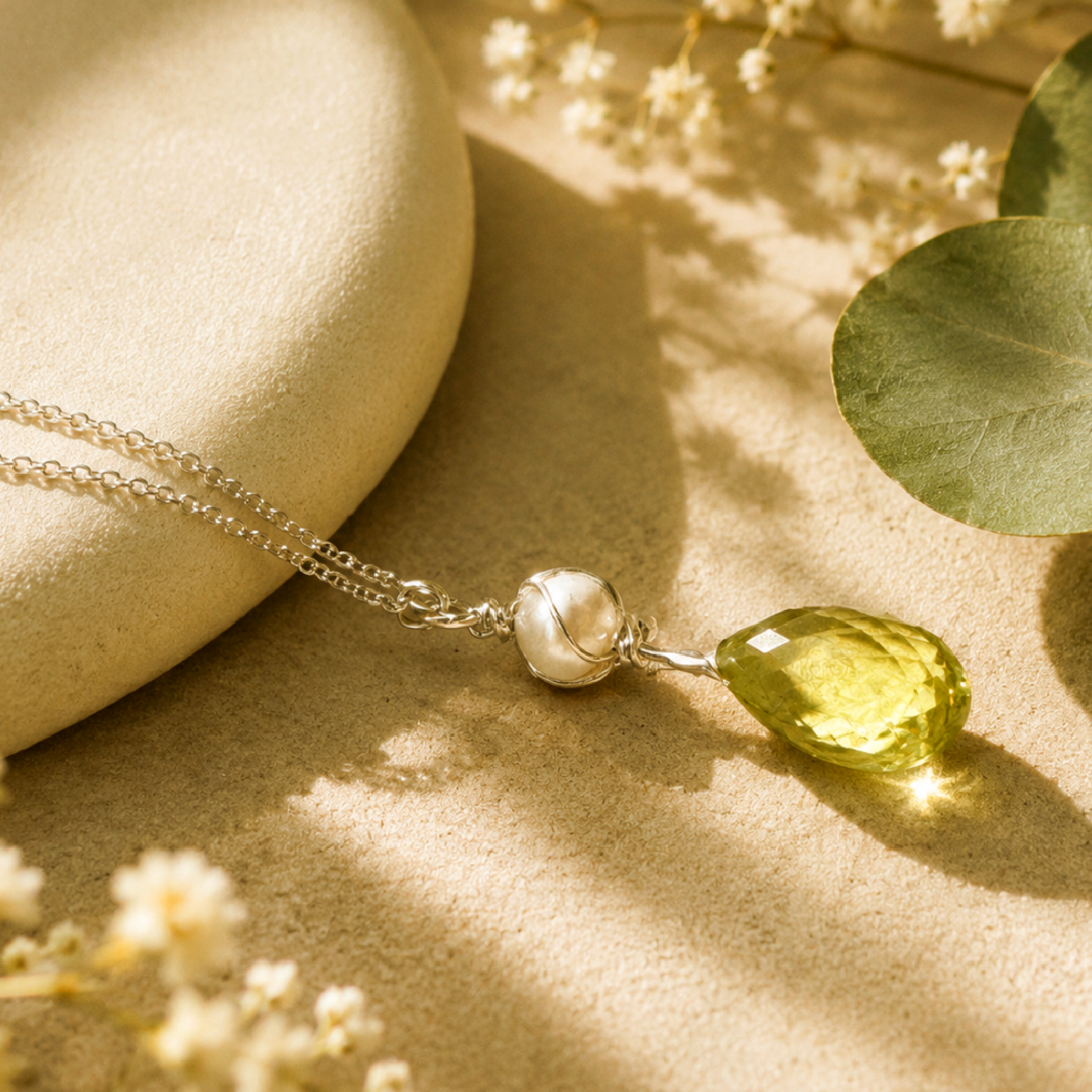 Lemon Citrine & Pearl Sterling Silver Wire-Wrapped Pendant