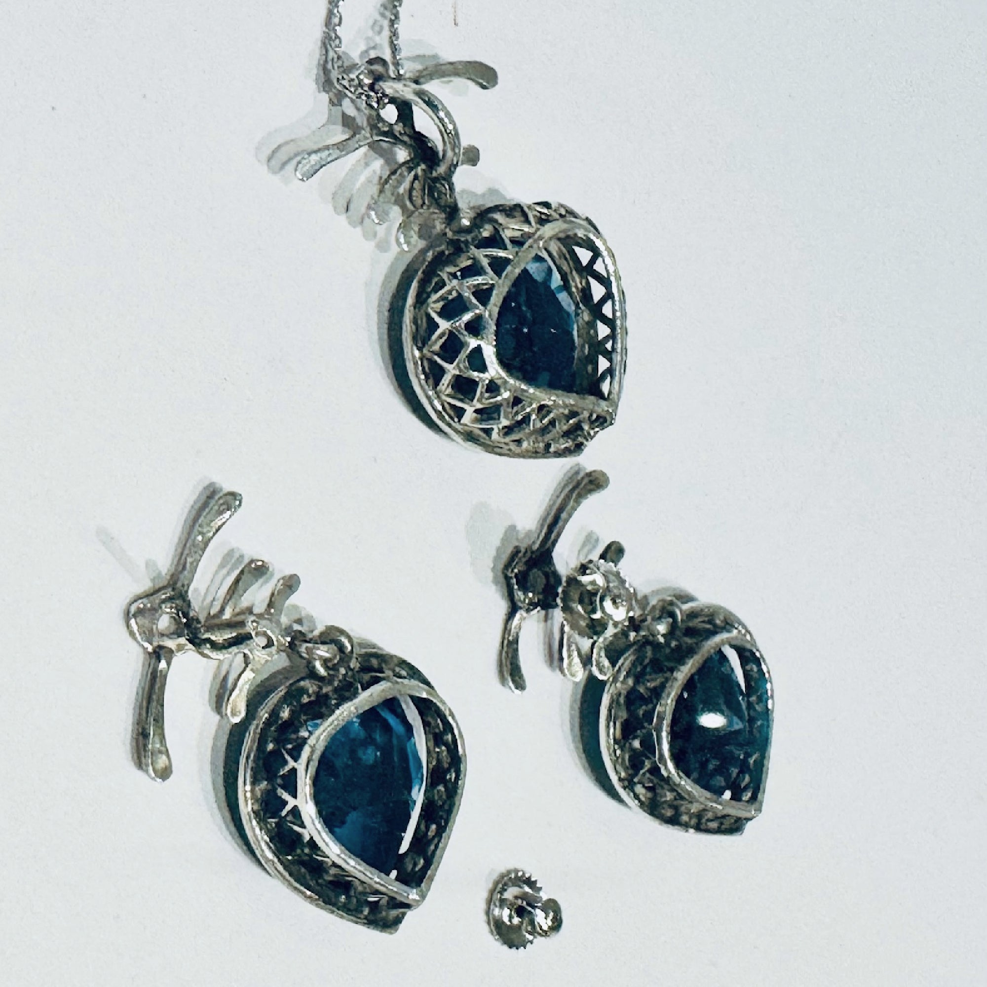 London Blue Topaz Heart Set - Sterling Silver with 14K White Gold