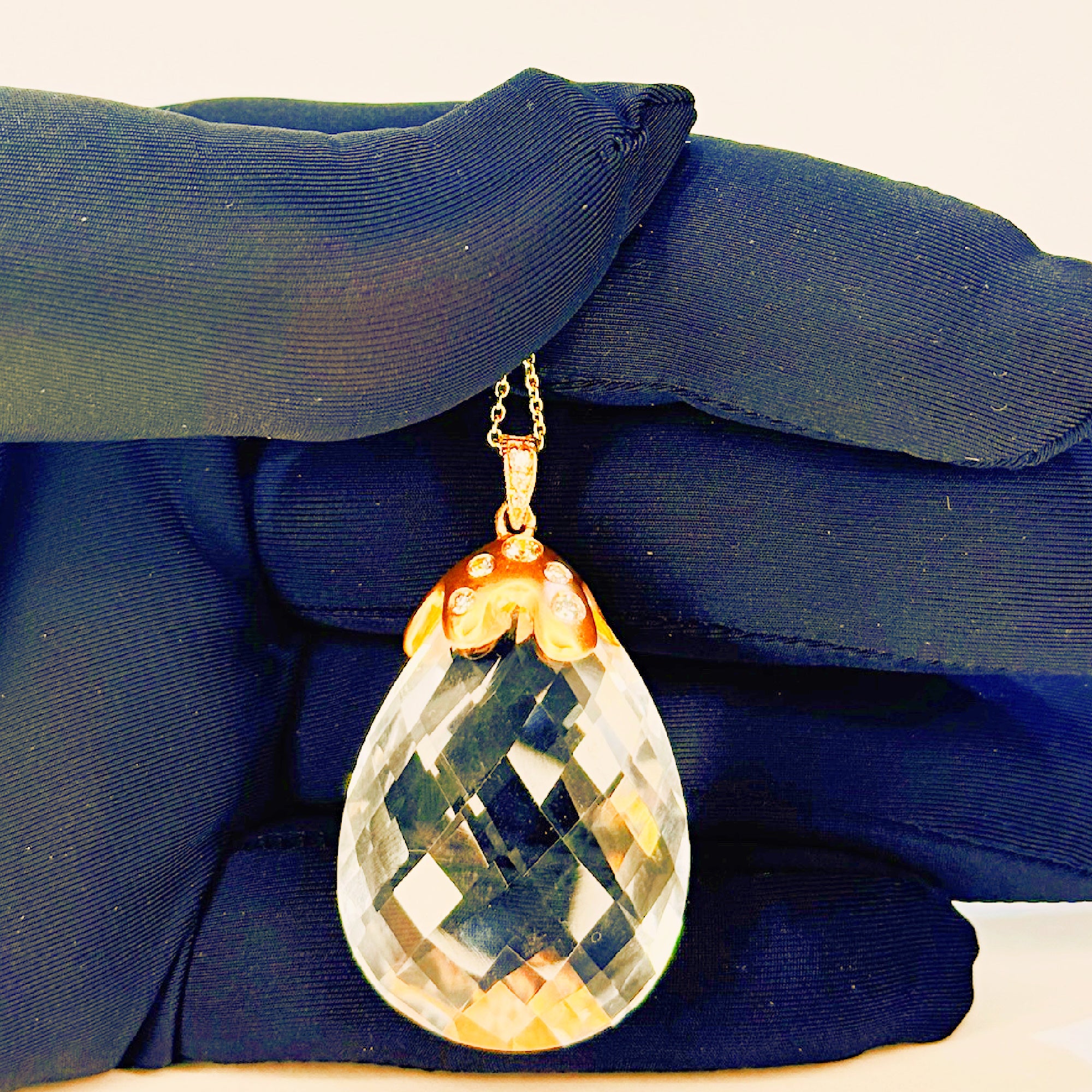 Natural Crystal Pear-Shaped Pendant - 14K Rose Gold with Diamonds