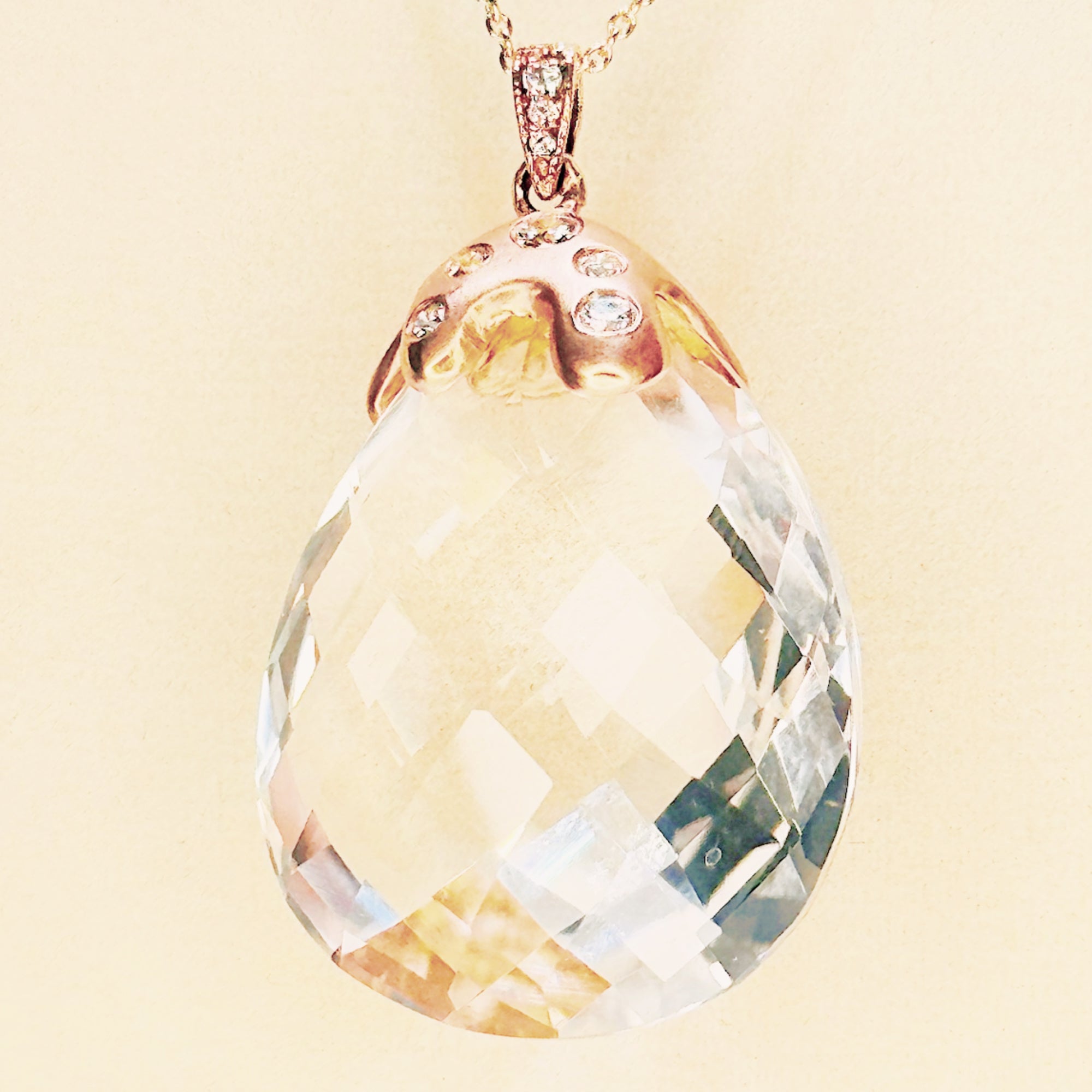 Natural Crystal Pear-Shaped Pendant - 14K Rose Gold with Diamonds