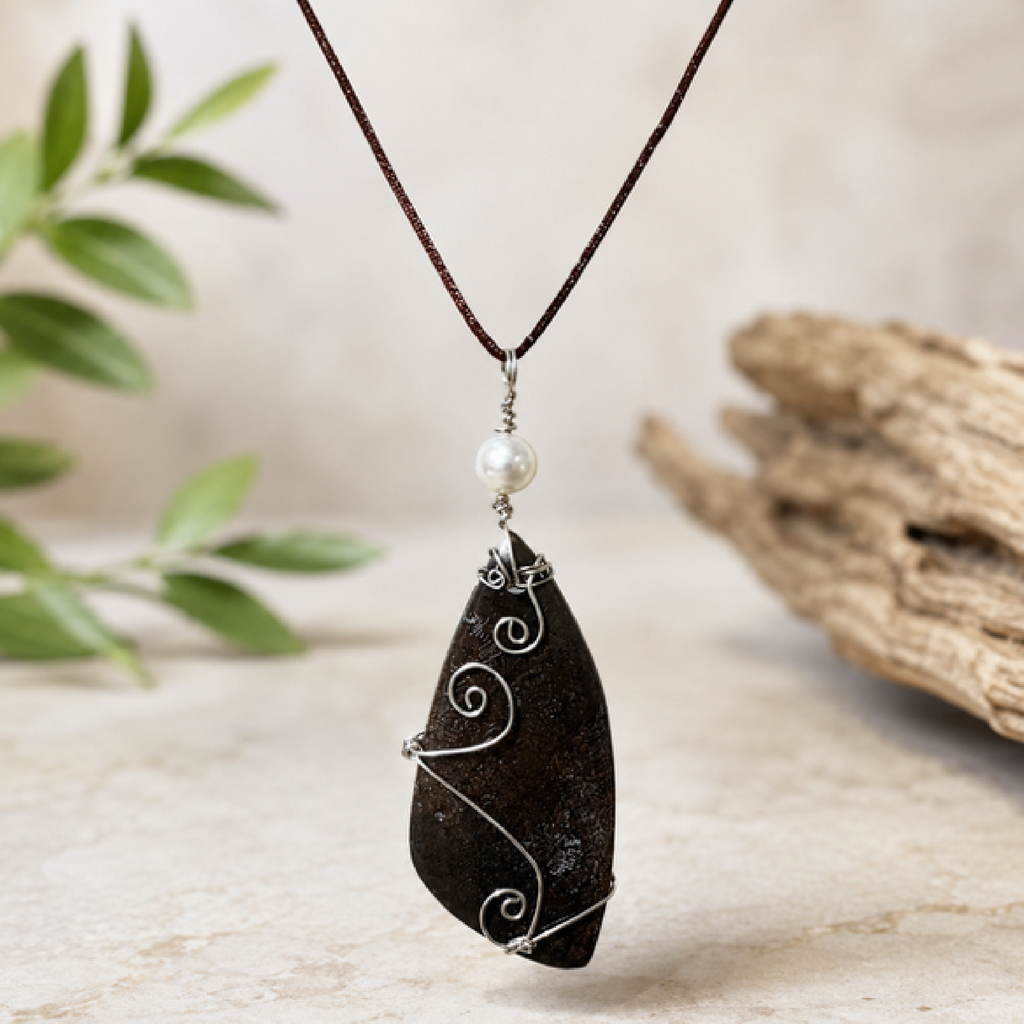 Natural Brown Stone & Pearl Sterling Silver Wire-Wrapped Pendant Necklace
